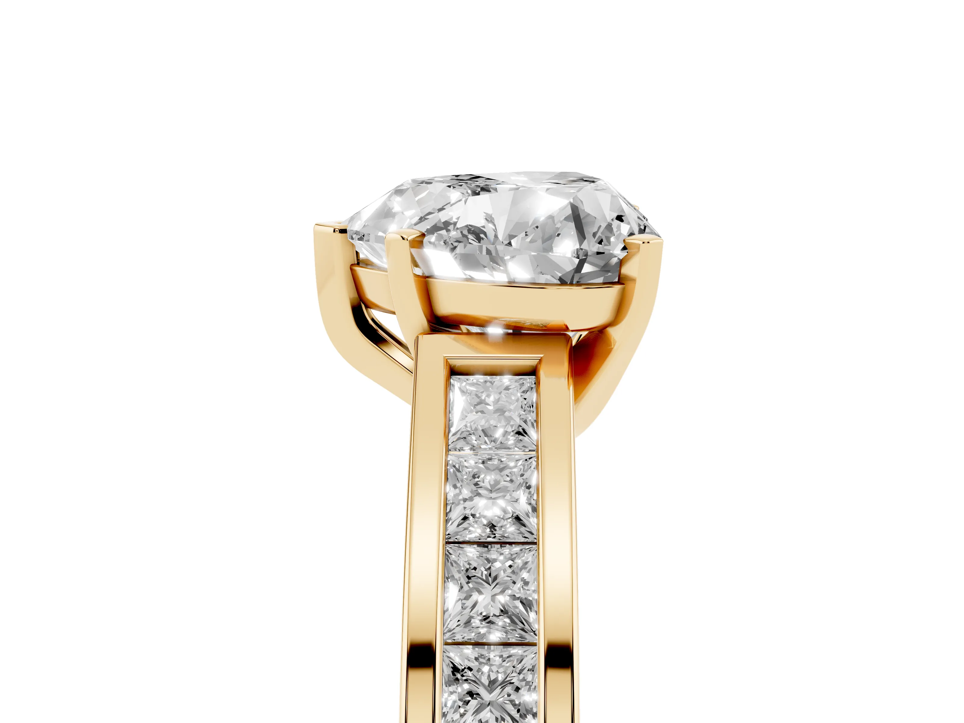 Heart Cut Diamond Solitaire Ring Set in Yellow gold with Channel-Set Band and Prong Setting