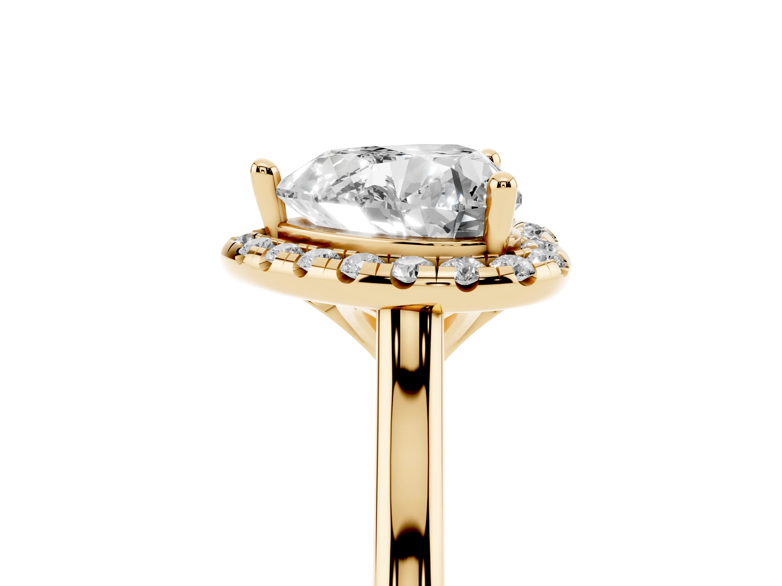 Heart Cut Diamond Halo Engagement Ring Set in Yellow gold with Pavé Band and Rising Shoulders