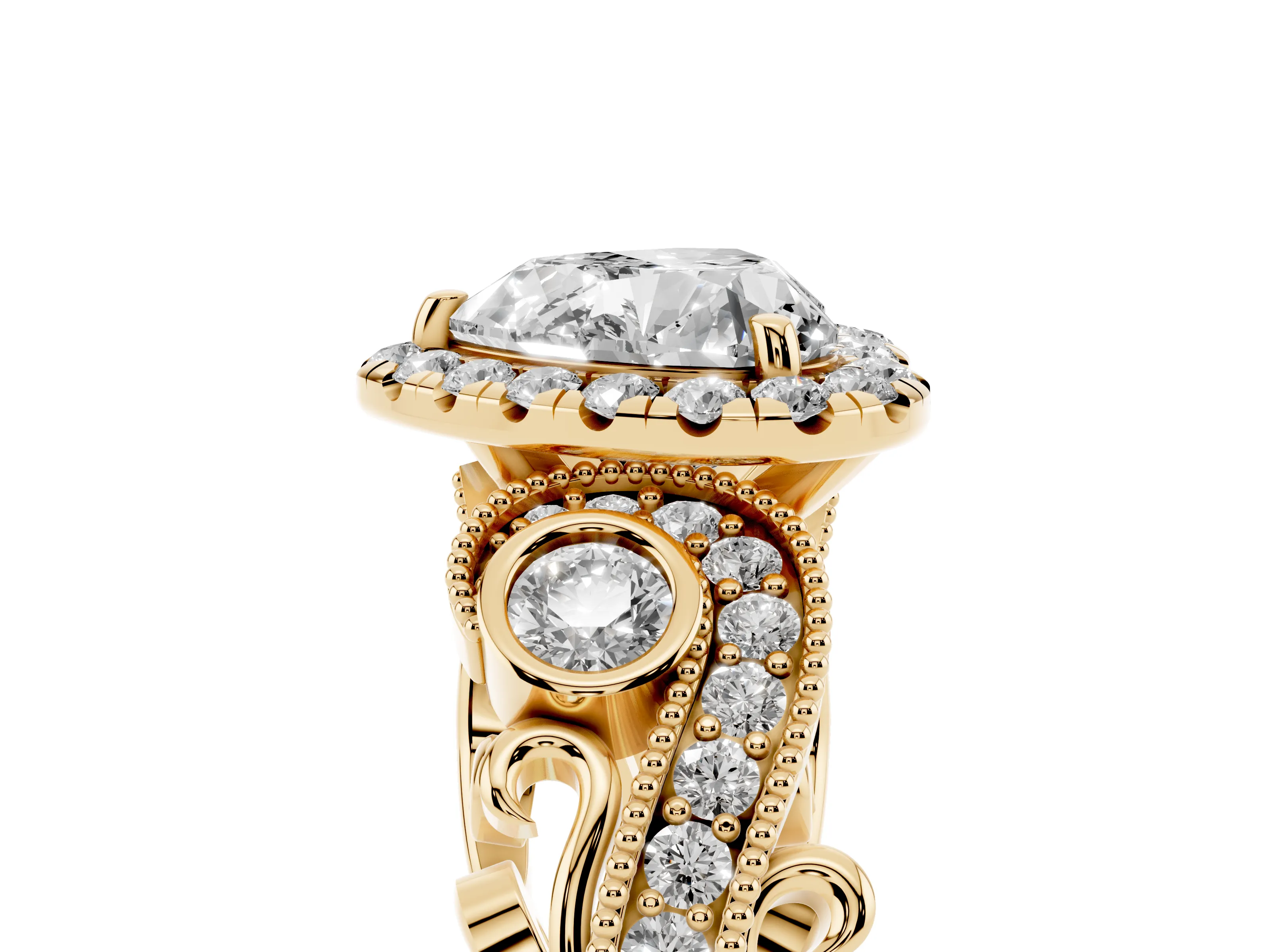 Heart Cut Diamond Halo Ring Set in Yellow gold with Milgrain Pavé Band and Prong Setting