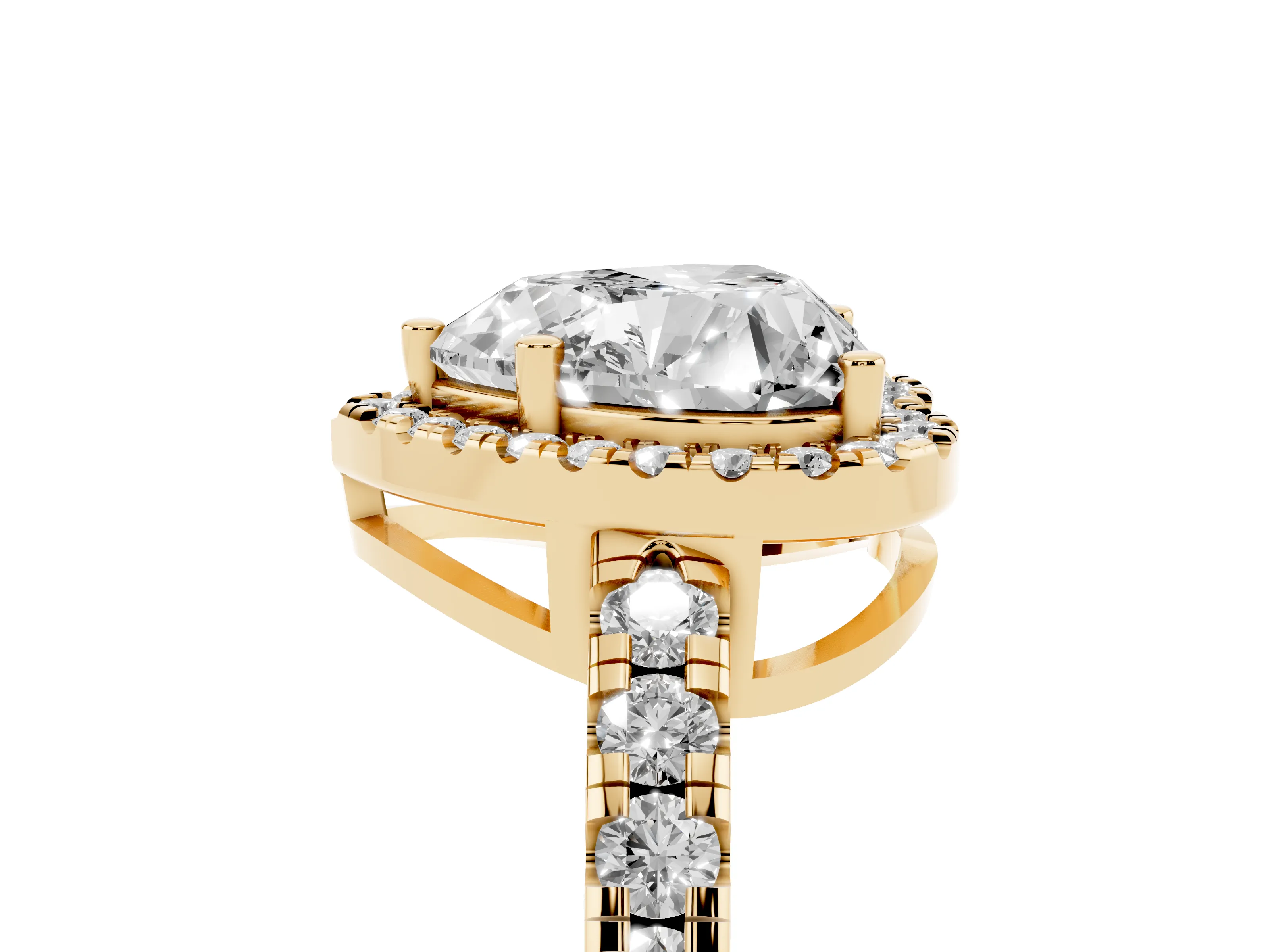 Heart Cut Diamond Halo Ring Set in Yellow gold with Delicate Pavé Band and Prong Setting