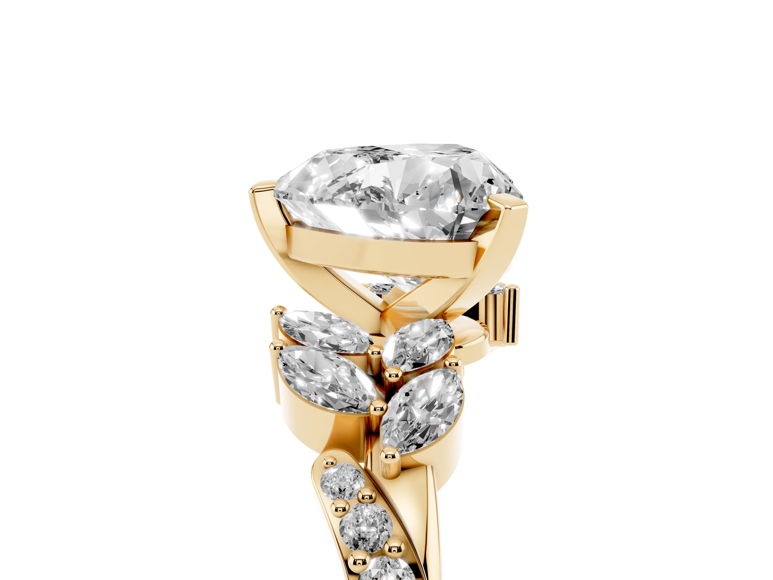 Heart Cut Diamond Solitaire Ring Set in Yellow gold with Marquise Twist Band and Prong Setting