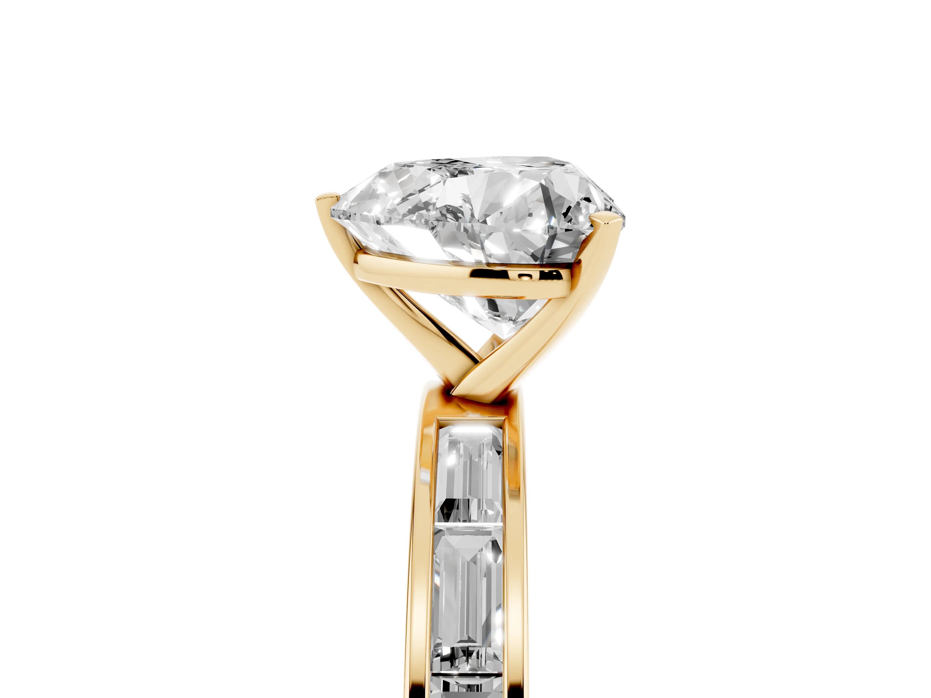 Heart Cut Diamond Solitaire Ring Set in Yellow gold with Channel-Set Baguette Band and Prong Setting