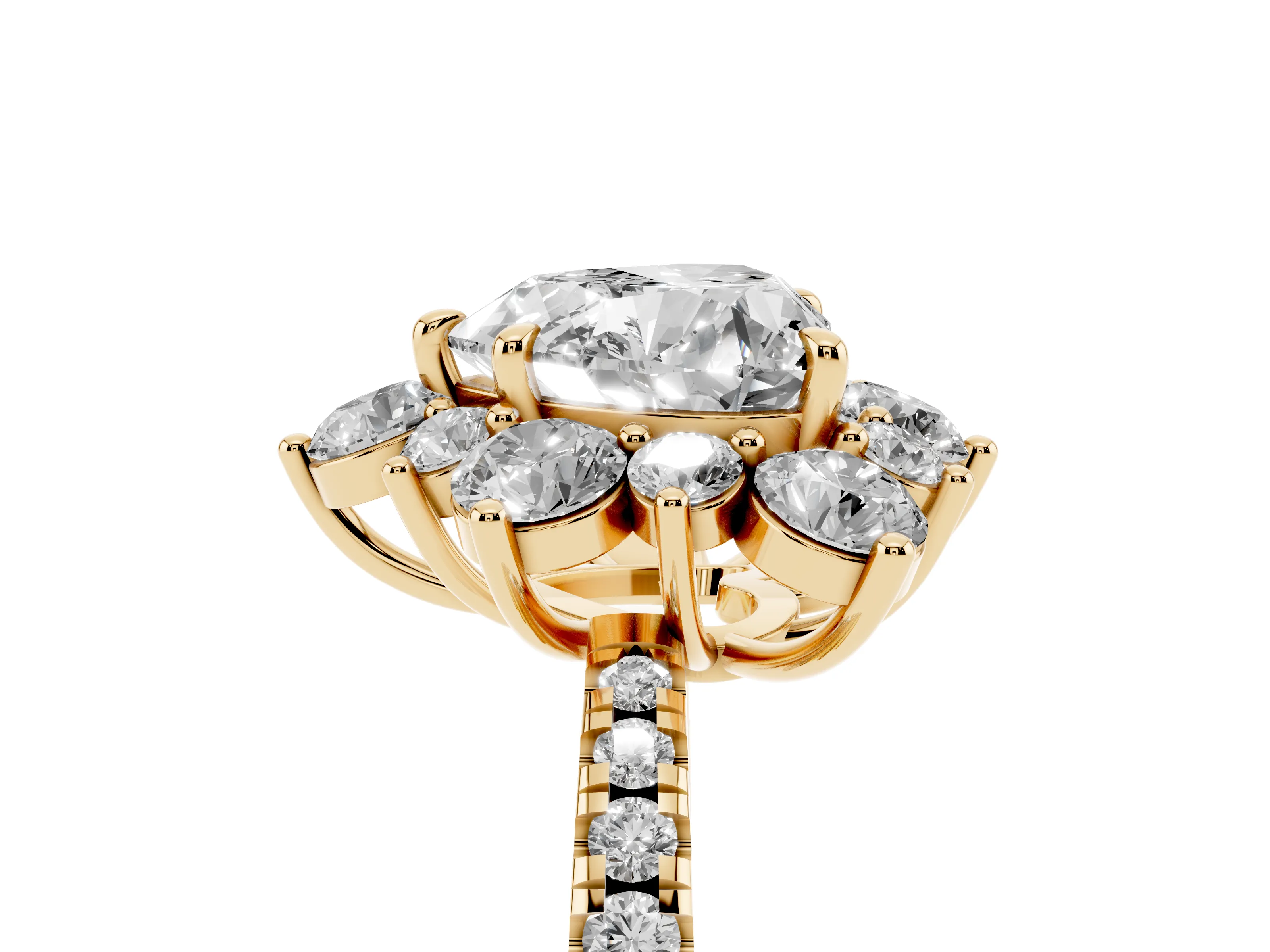 Heart Cut Diamond Floral Halo Ring Set in Yellow gold with Round Pavé Band and Prong Setting