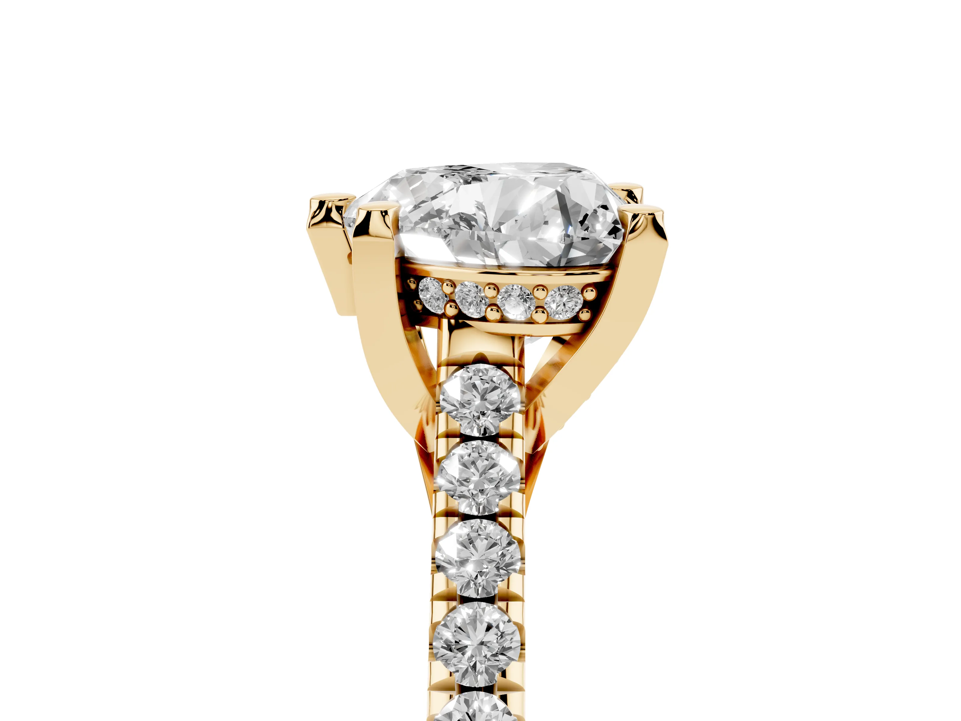 Heart Cut Diamond Solitaire Ring Set in Yellow gold with Brilliant Pavé Band and Prong Setting