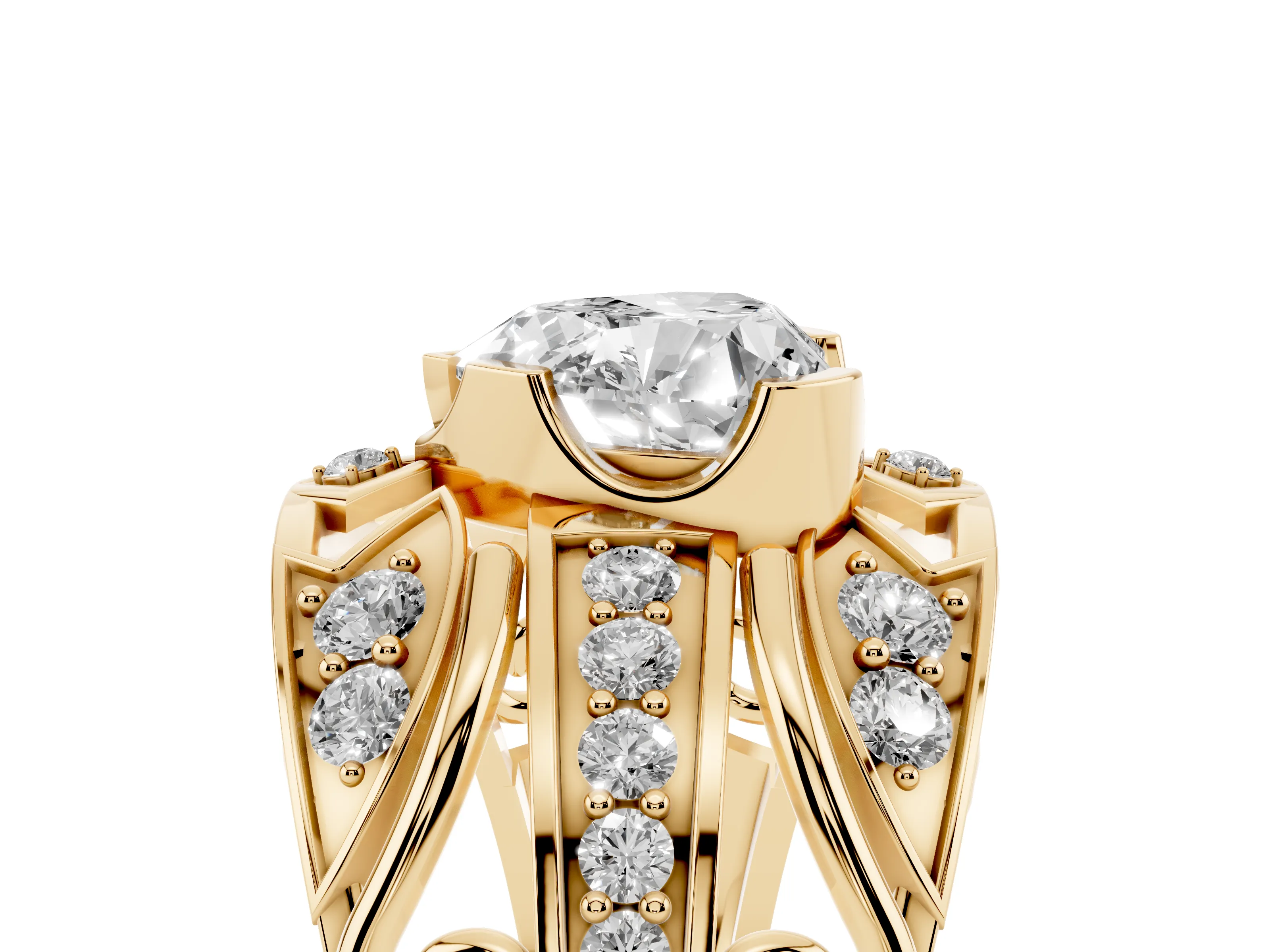 Heart Cut Diamond Art Deco Ring Set in Yellow gold with Pavé Split Shank