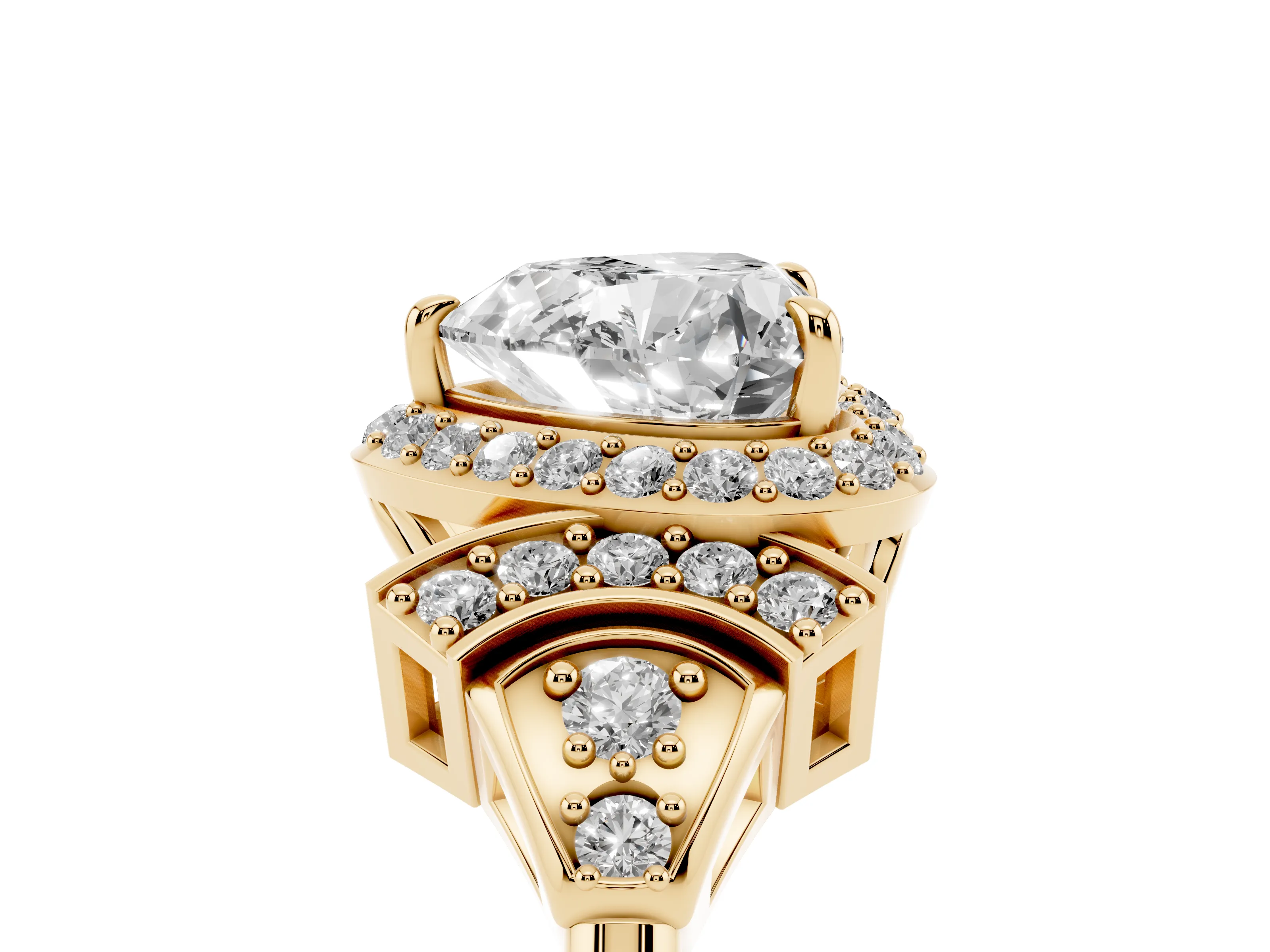Heart Cut Diamond Halo Engagement Ring Set in Yellow gold with Accent Stone Split Shank