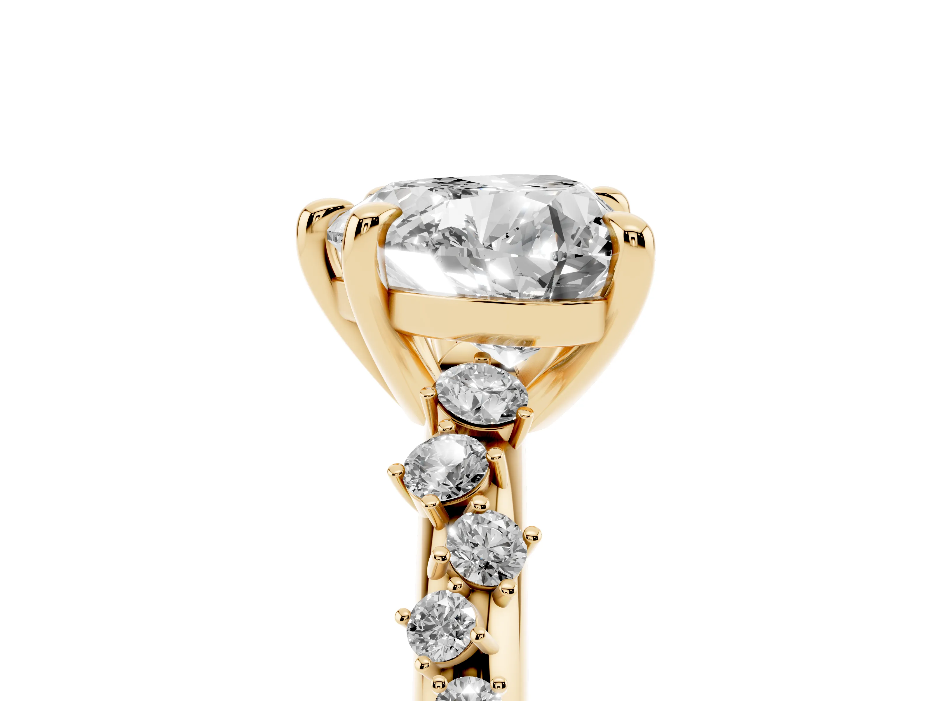 Heart Cut Diamond Solitaire Vine Band Ring Set in Yellow gold with Round Accents and Prong Setting