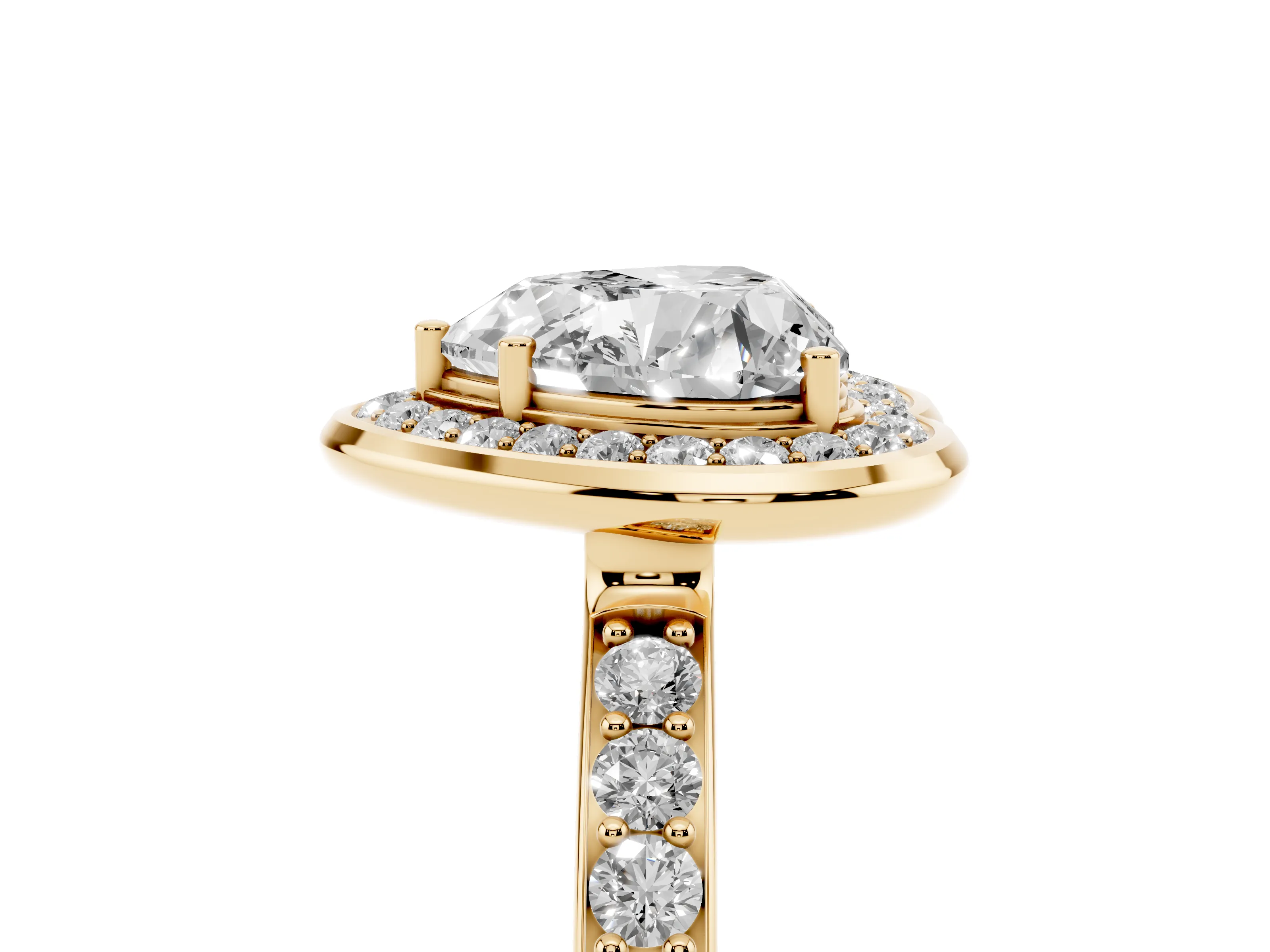 Heart Cut Diamond Halo Ring Set in Yellow gold with Bezel Frame and Pavé Band