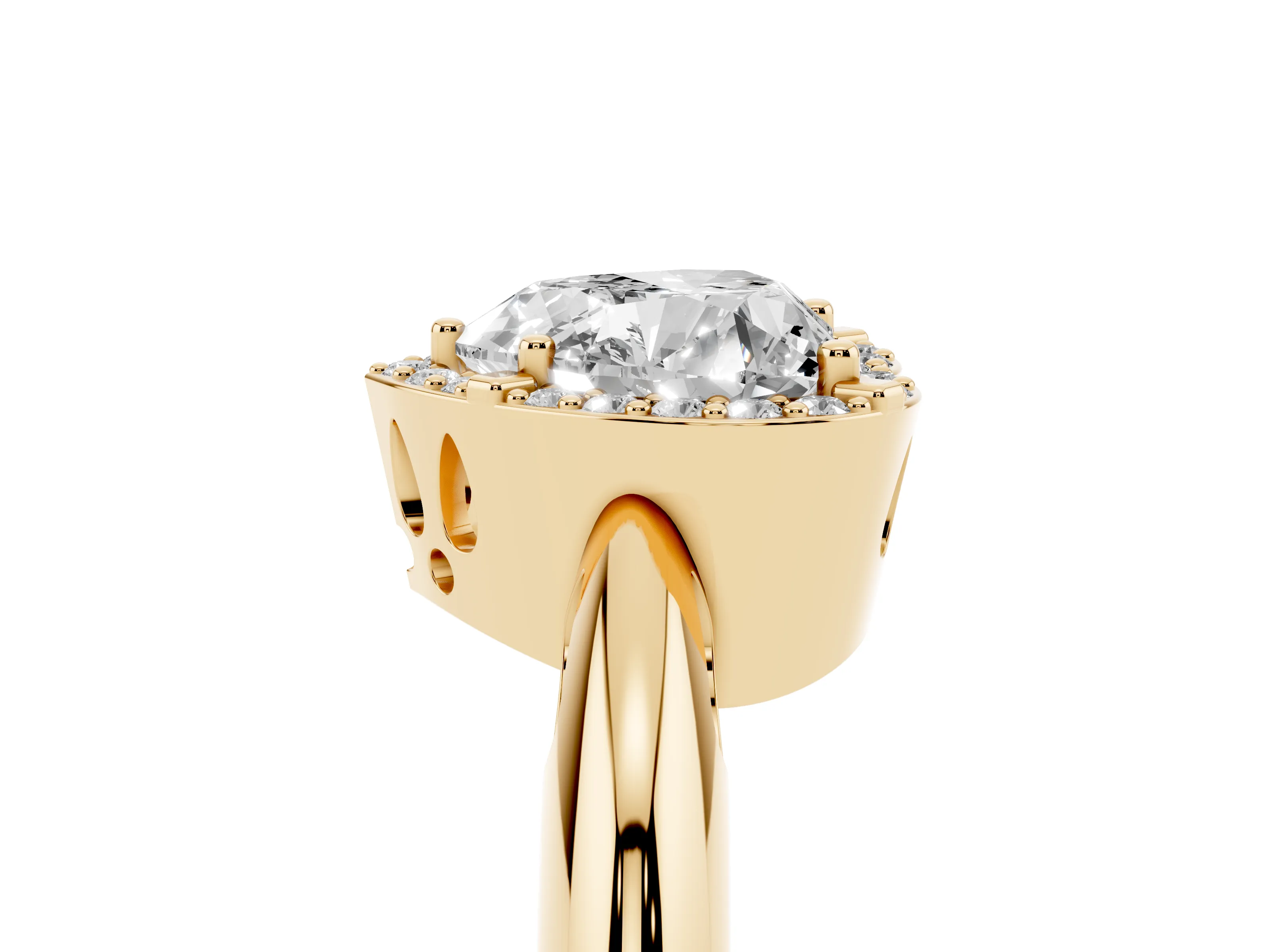 Heart Cut Diamond Halo Engagement Ring Set in Yellow gold with Plain Split Shank and Prong Setting