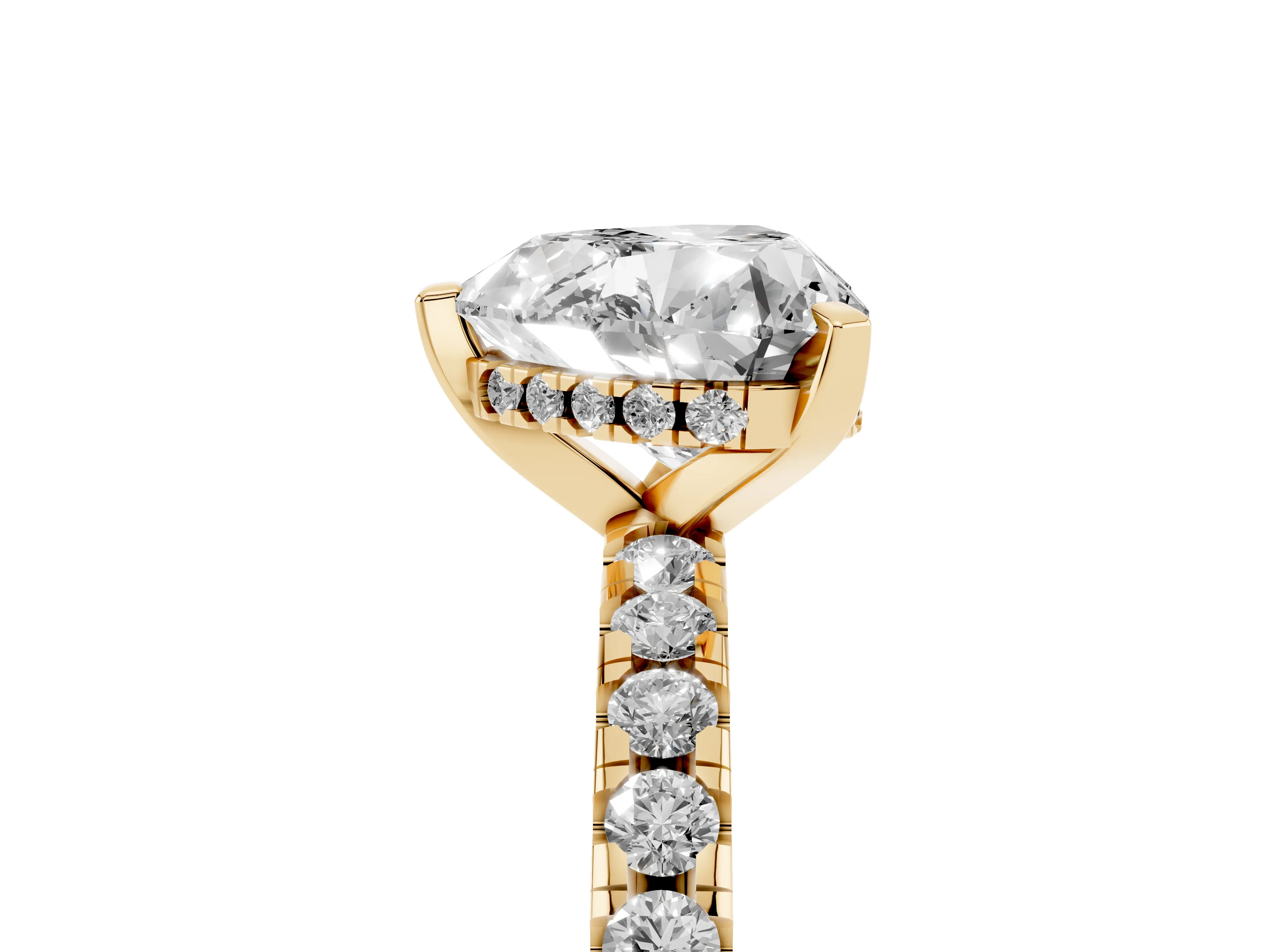 Heart Cut Diamond Pavé Solitaire Ring Set in Yellow gold with Round Band Accents and Prong Setting