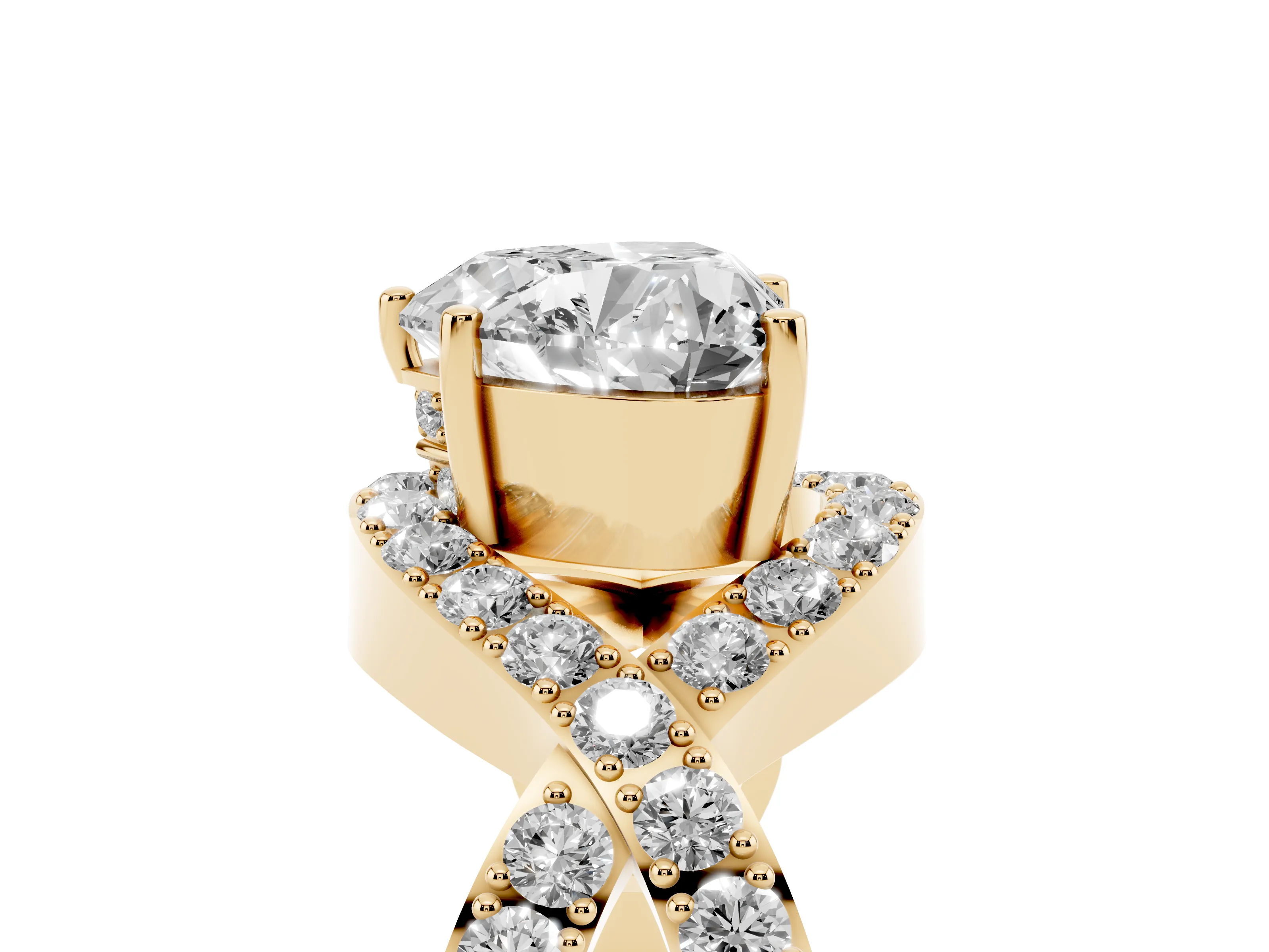 Heart Cut Diamond Solitaire Twist Band Pavé Engagement Ring Set in Yellow gold