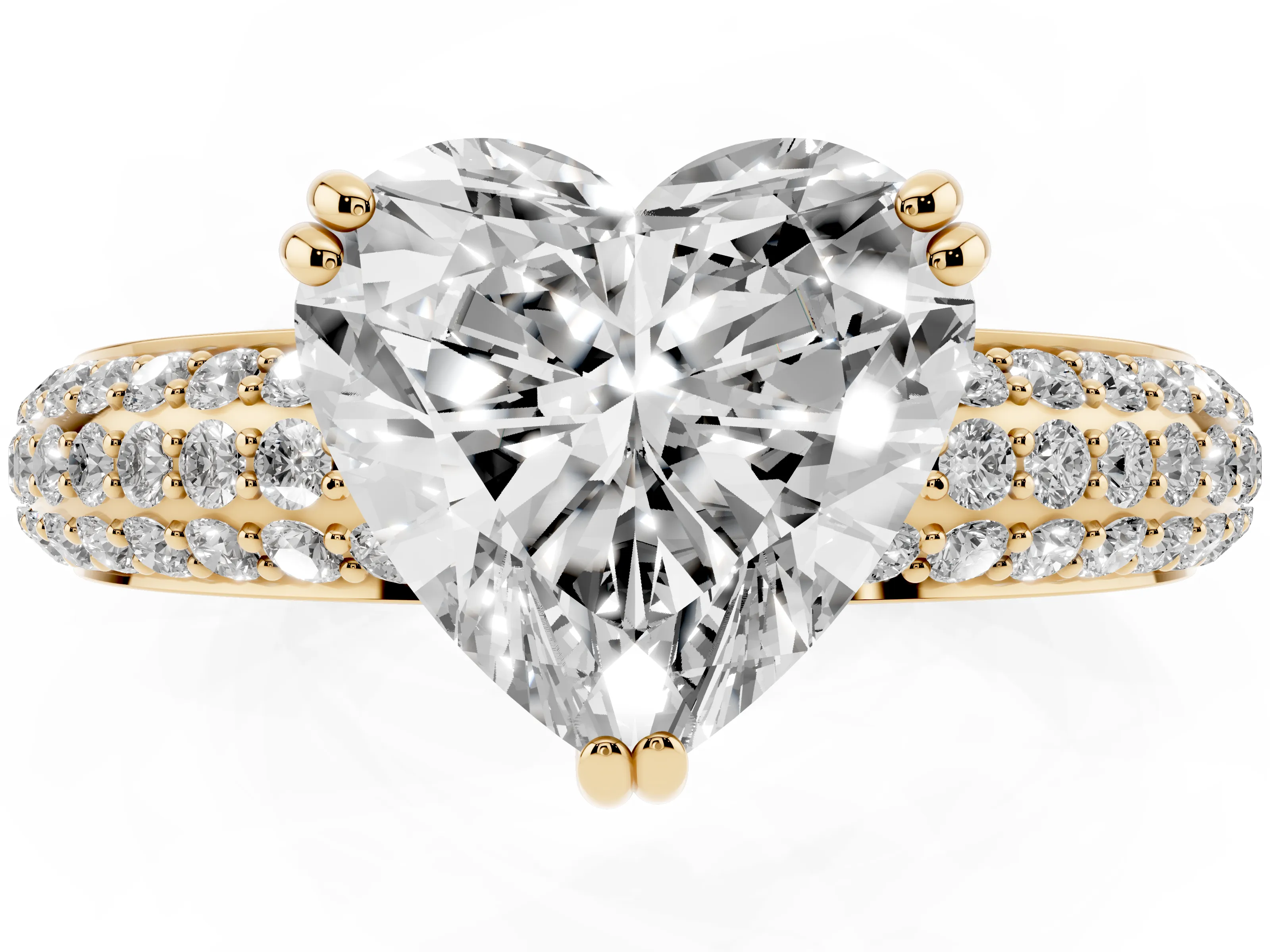 Heart Cut Diamond Solitaire Ring Set in Yellow gold with Multi-Row Round Pavé Band and Prong Setting