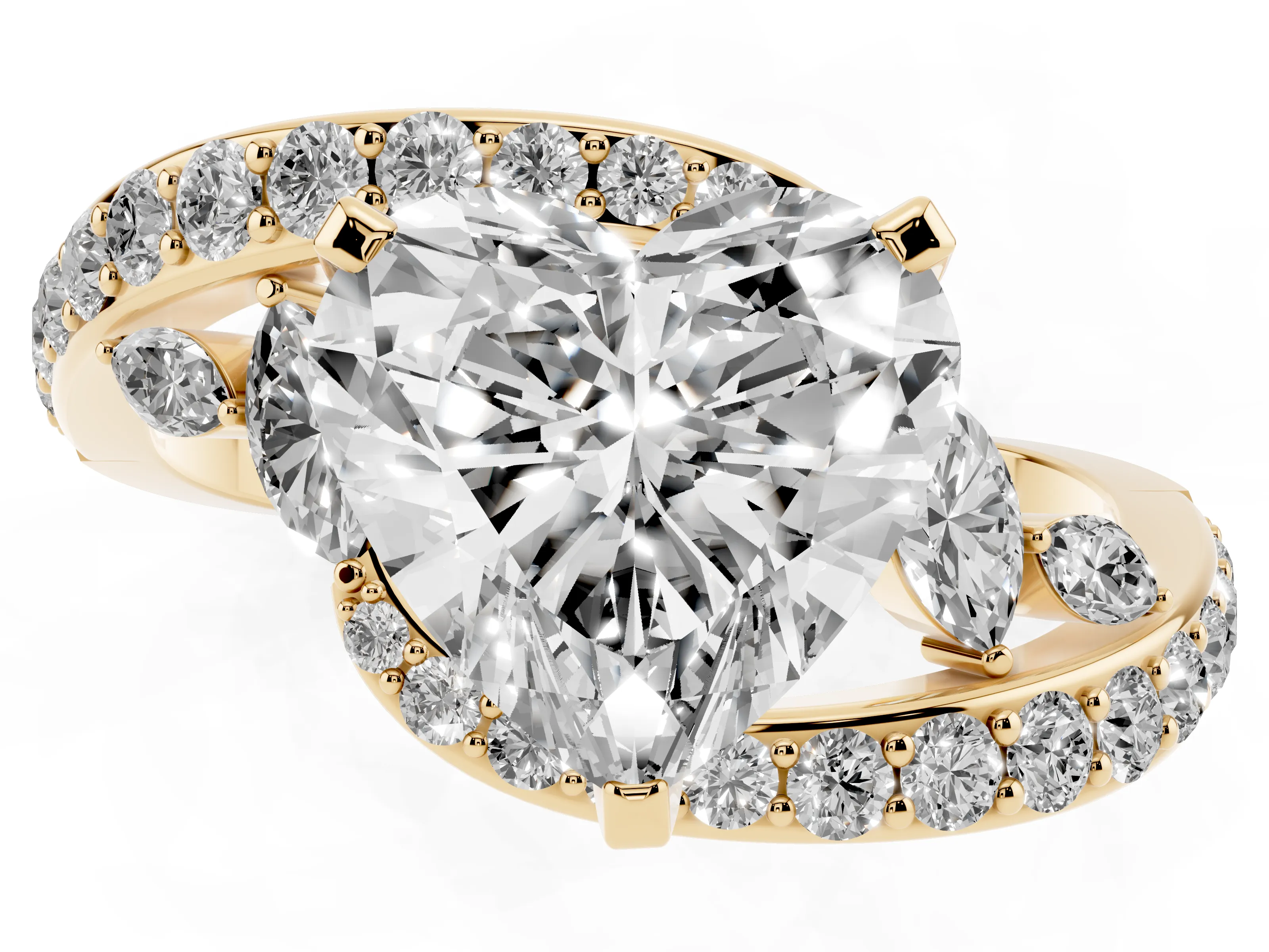 Heart Cut Diamond Solitaire Ring Set in Yellow gold with Pavé Twist Band and Secure Prong Setting