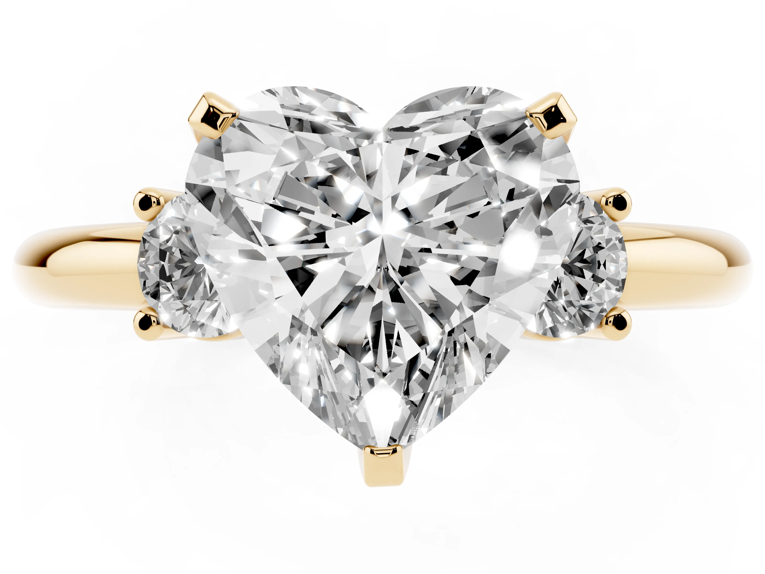 Three-Stone Heart Cut Diamond Ring Set in Yellow gold with Prong Setting and Plain Band