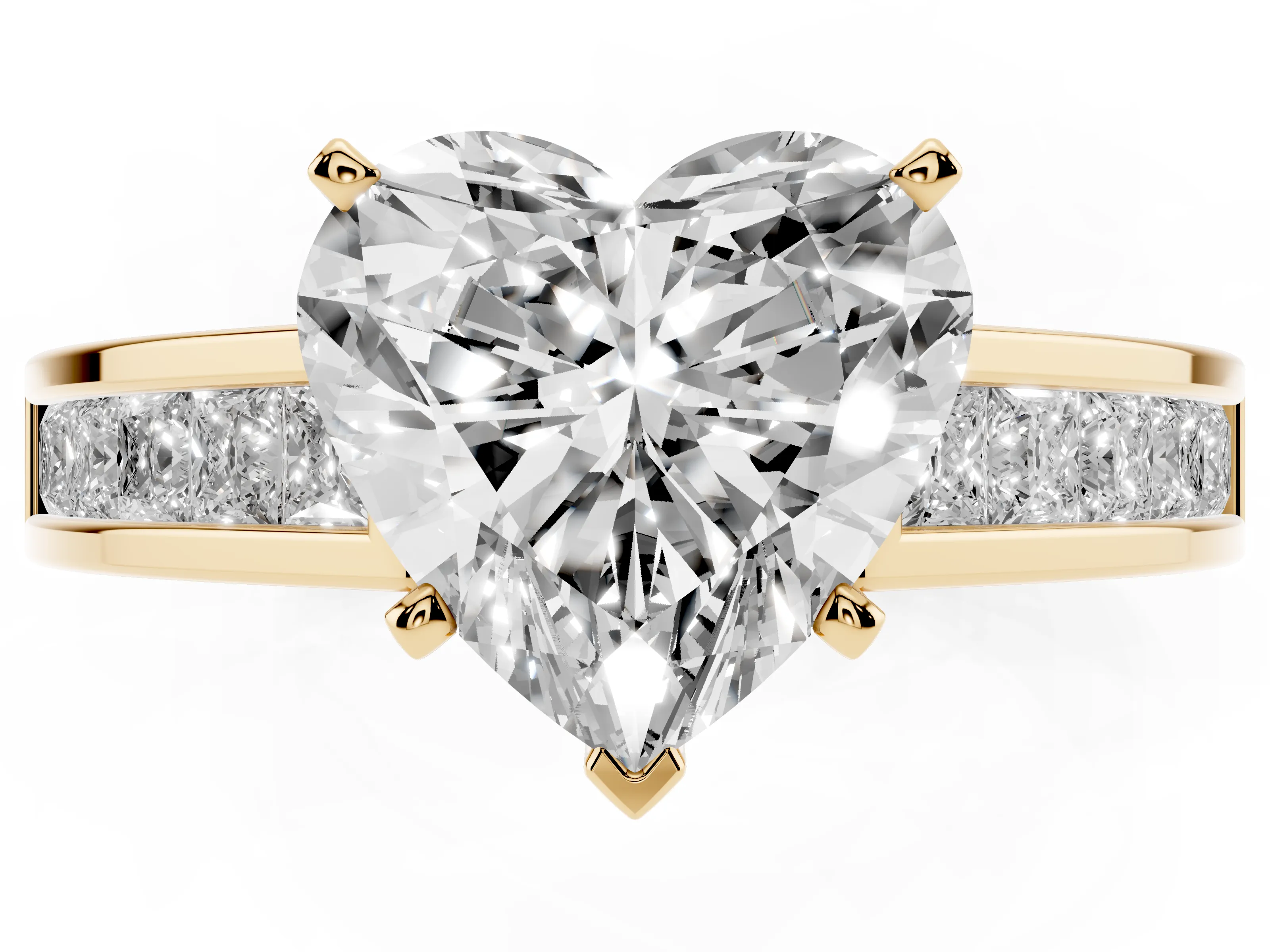 Heart Cut Diamond Solitaire Ring Set in Yellow gold with Channel-Set Band and Prong Setting