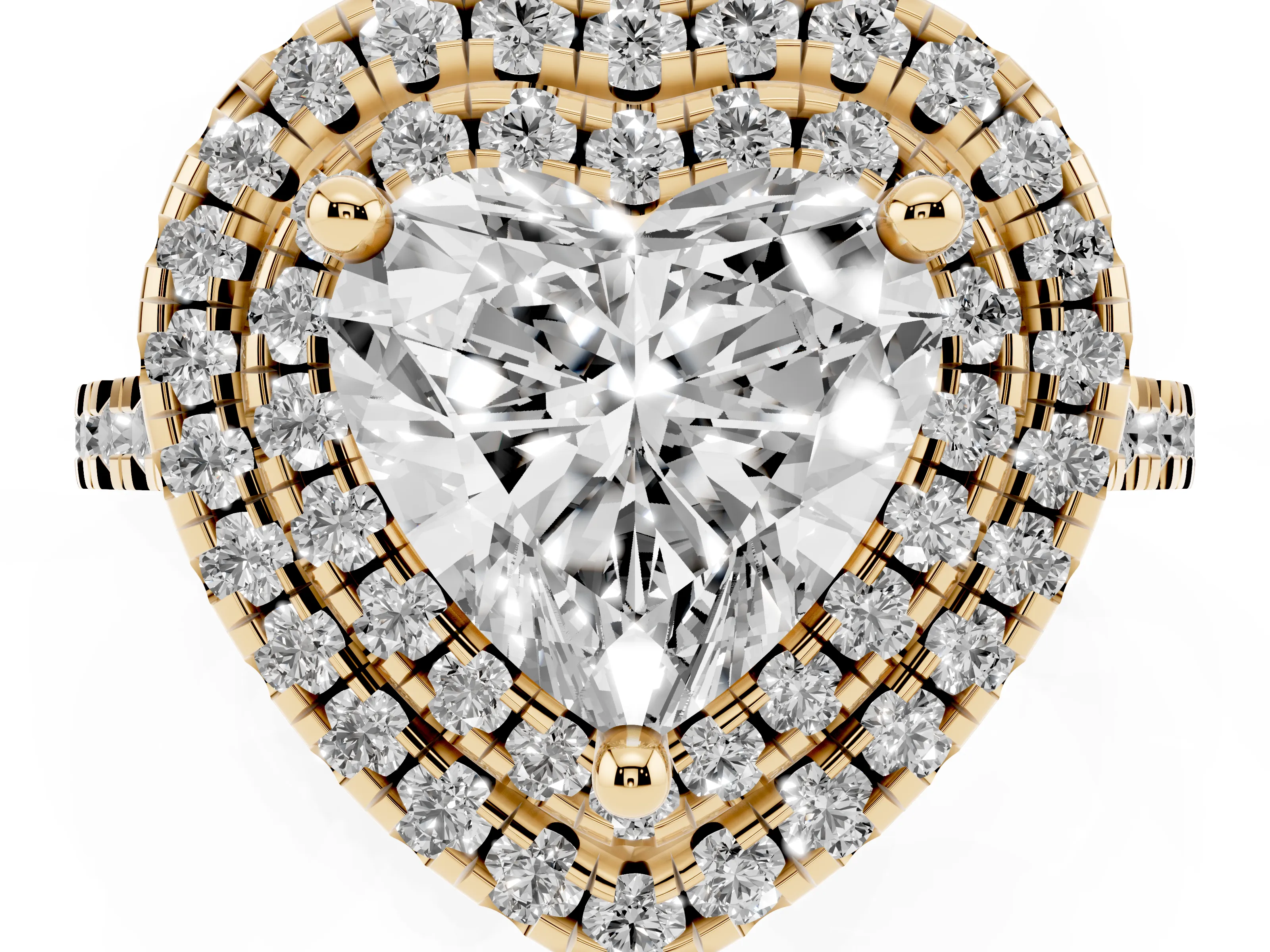 Heart Cut Diamond Double Halo Statement Ring Set in Yellow gold with Pavé Band