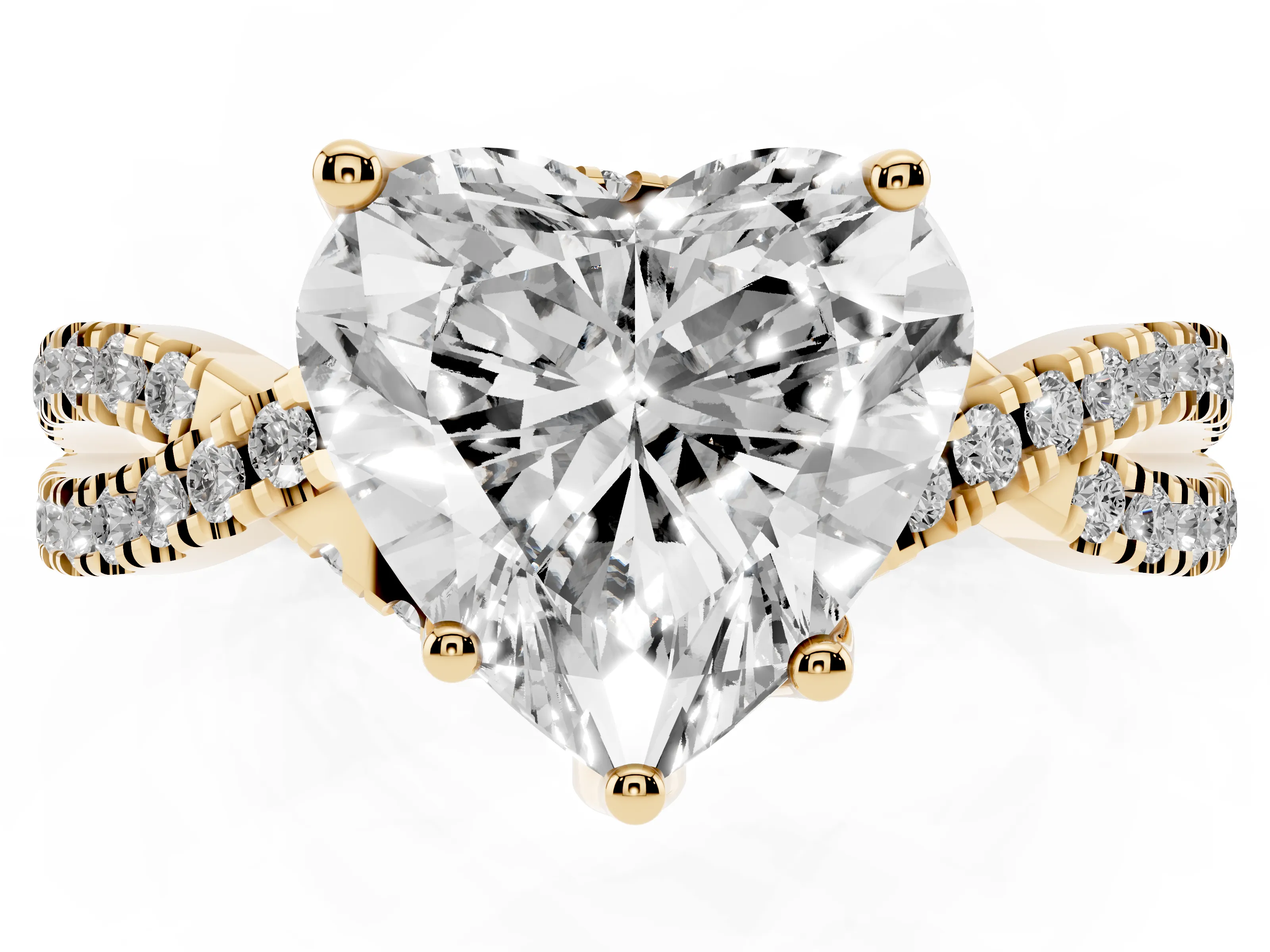 Heart Cut Diamond Twist Pavé Solitaire Engagement Ring Set in Yellow gold with Prong Setting