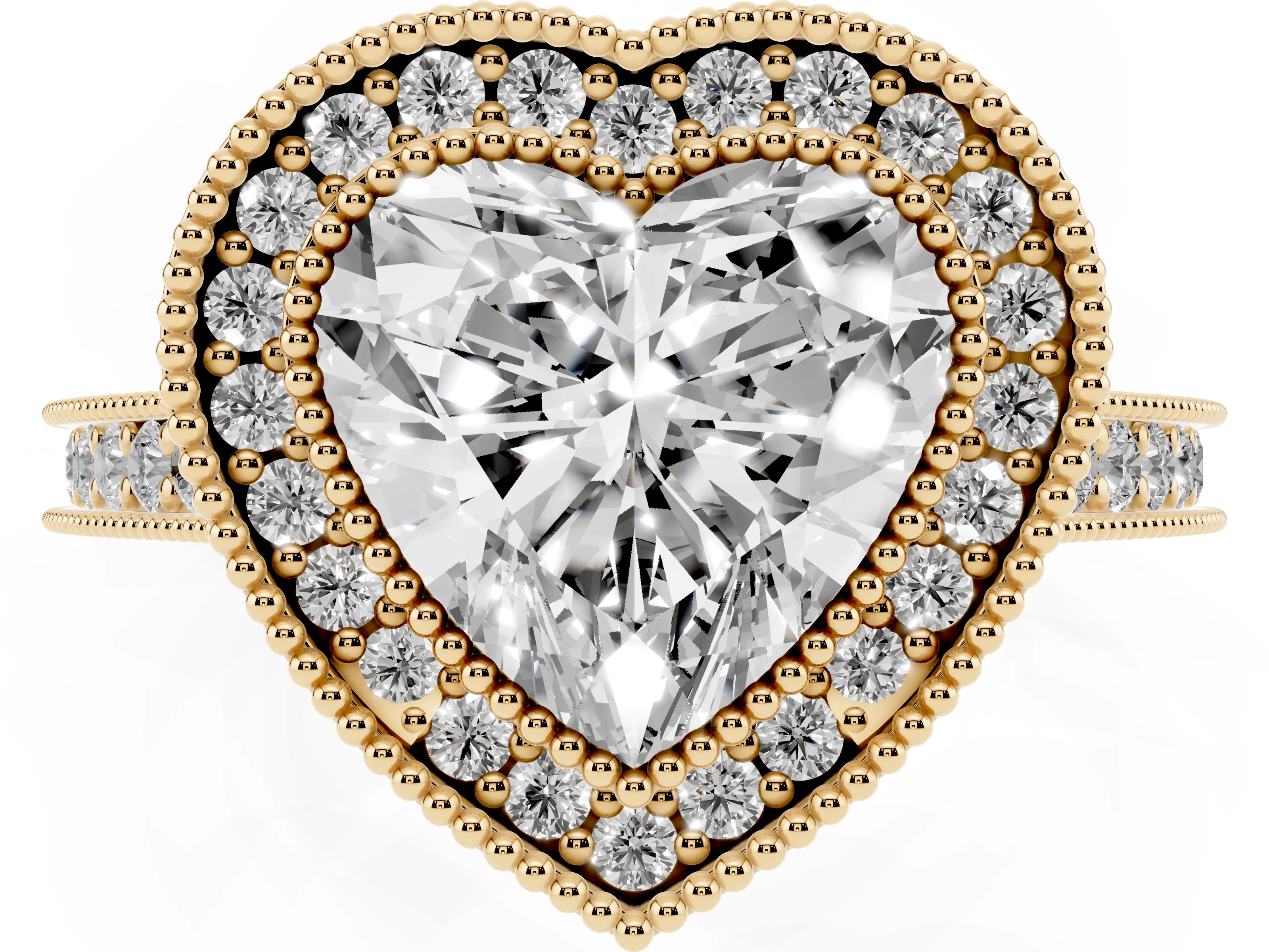 Heart Cut Diamond Halo Milgrain Pavé Band Ring Set in Yellow gold with Prong Setting