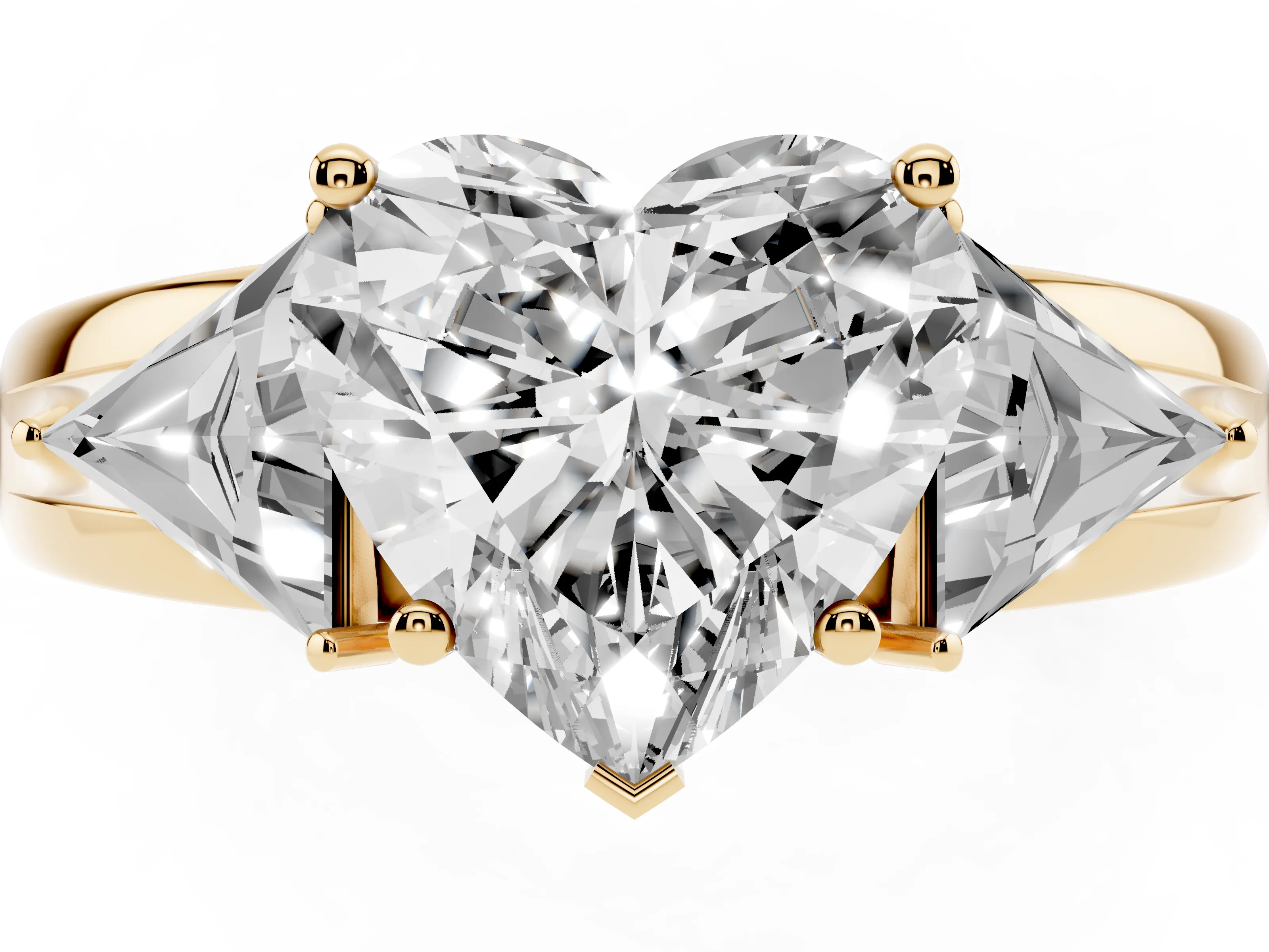 Heart Cut Diamond Three-Stone Ring Set in Yellow gold with Trillion Side Stones and Split Shank