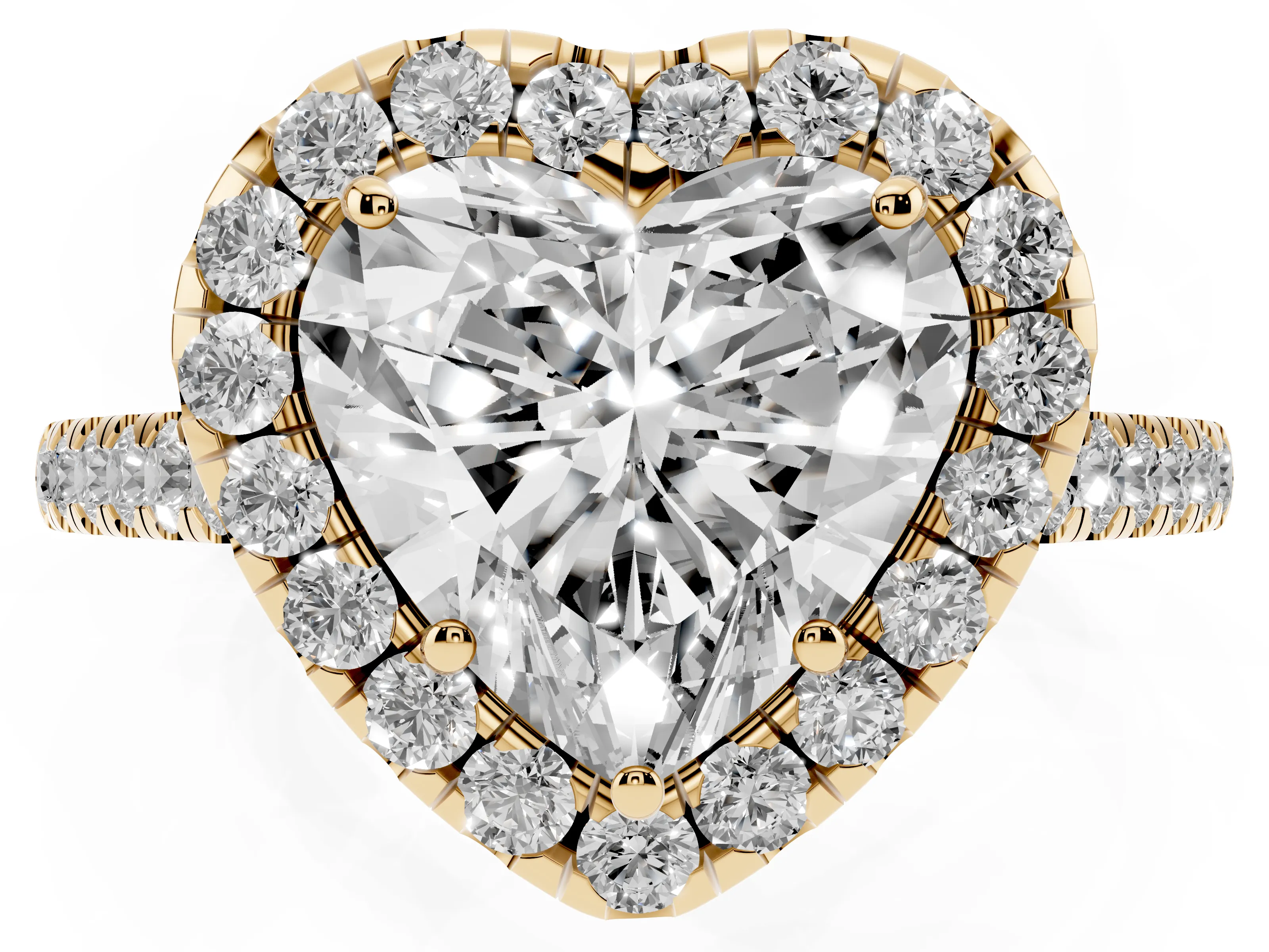 Heart Cut Diamond Halo Pavé Engagement Ring Set in Yellow gold with Prong Setting