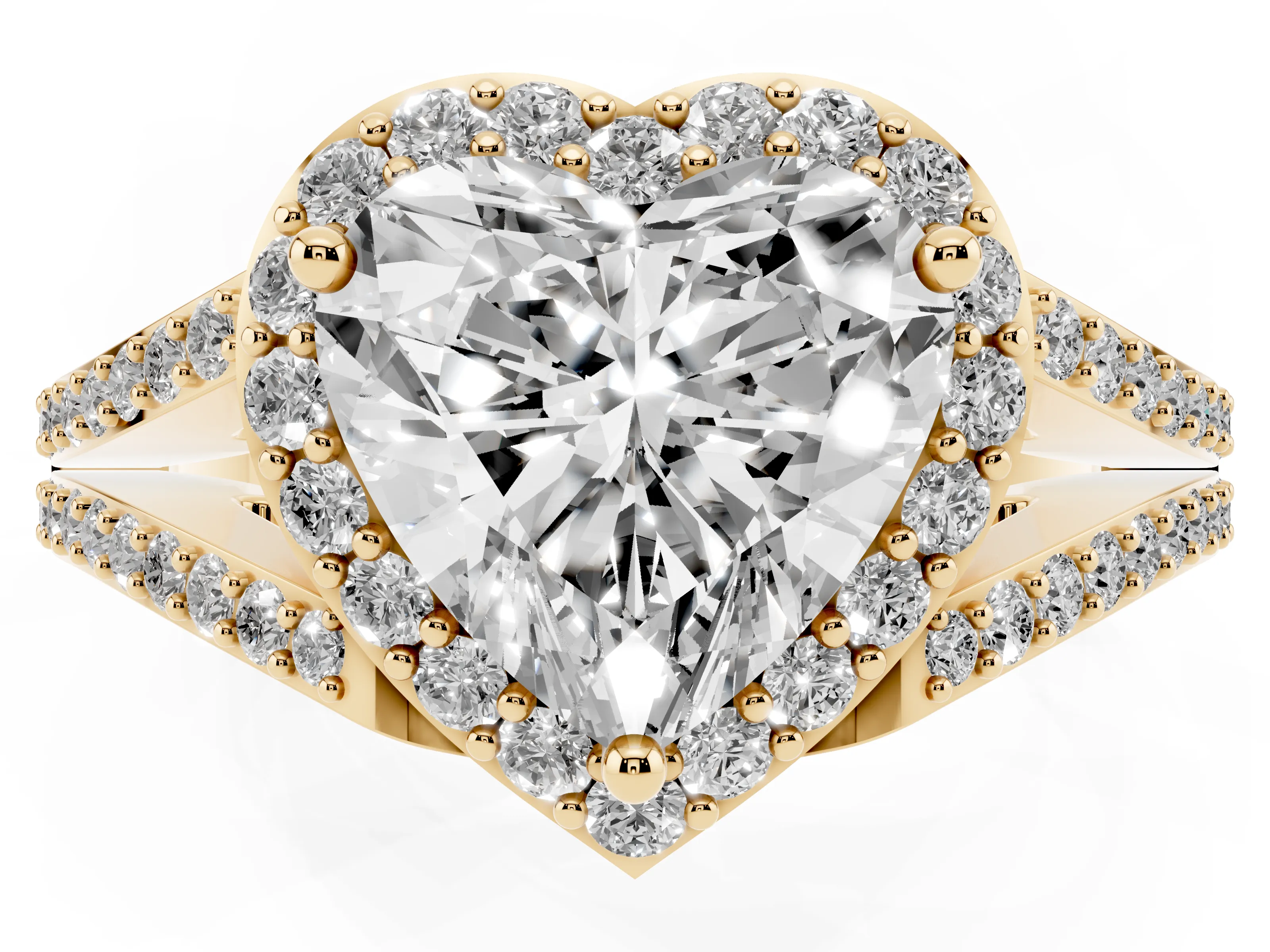 Heart Cut Diamond Halo Split Shank Pavé Ring Set in Yellow gold with Prong Setting