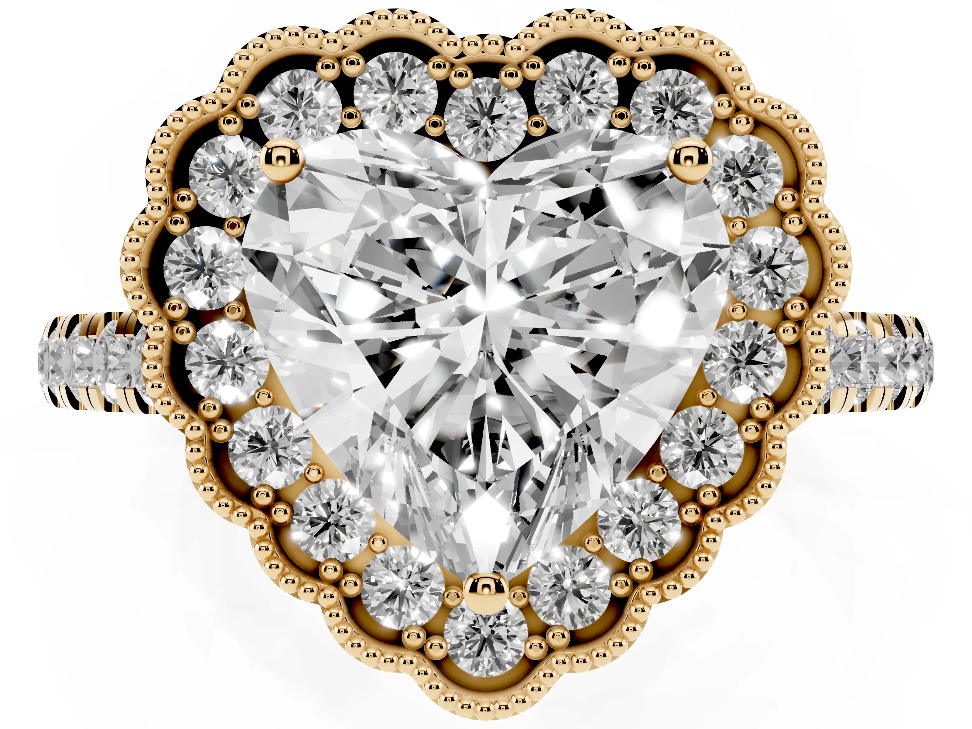 Heart Cut Diamond Milgrain Floral Halo Engagement Ring Set in Yellow gold with Pavé Band