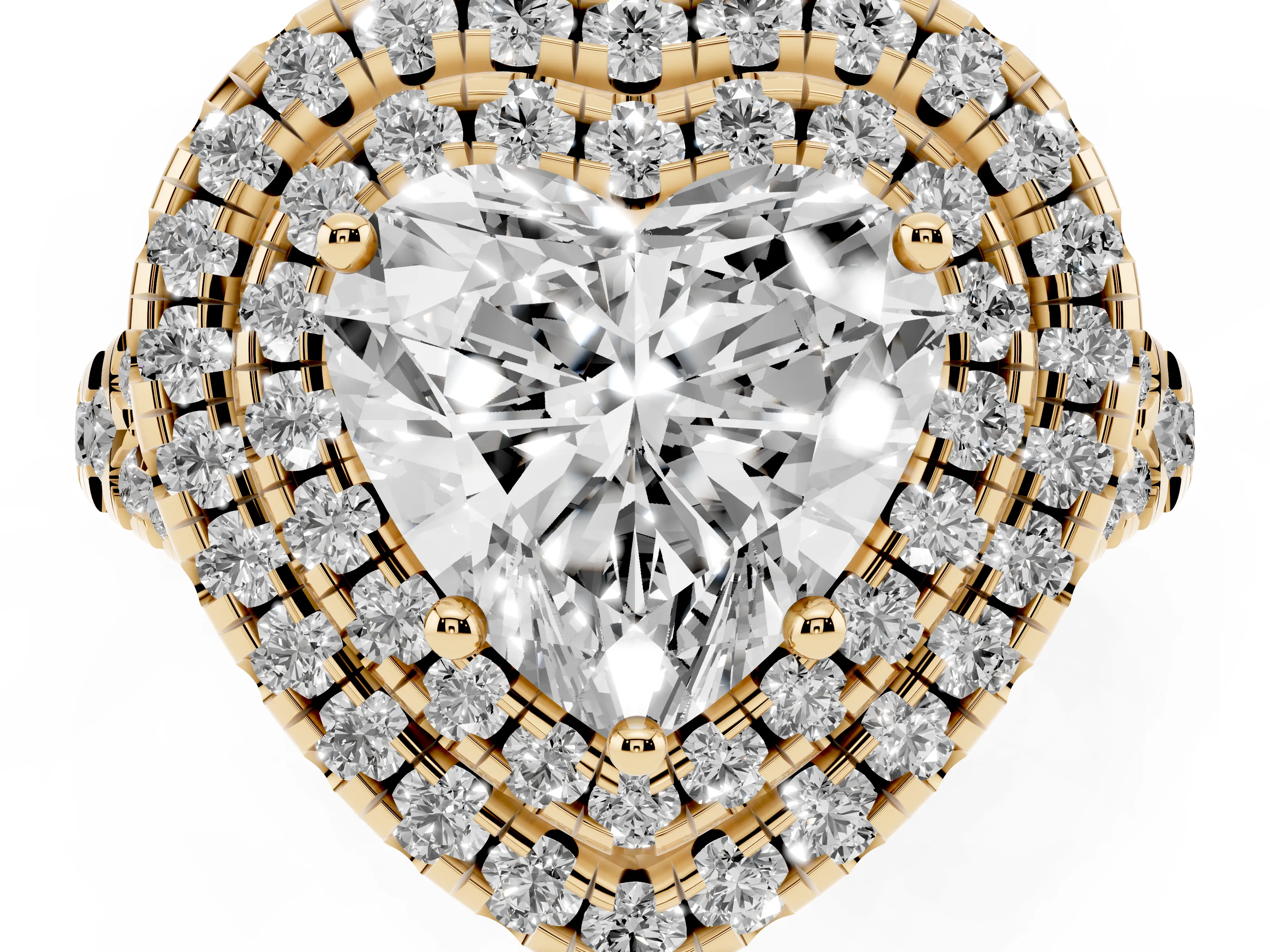 Heart Cut Diamond Double Halo Ring Set in Yellow gold with Pavé Split Shank and Prong Setting