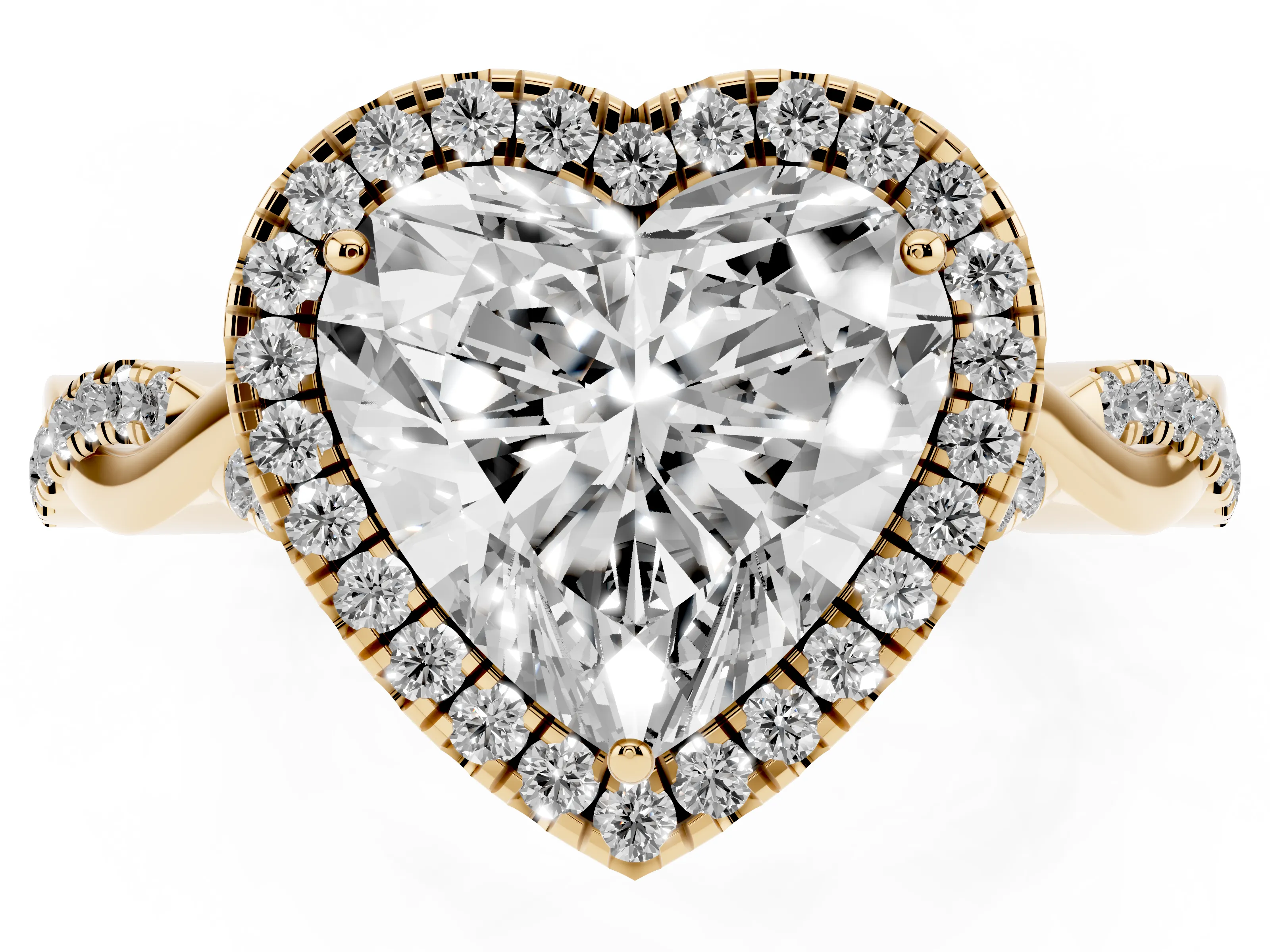 Heart Cut Diamond Halo Twist Band Solitaire Ring Set in Yellow gold with Prong Setting