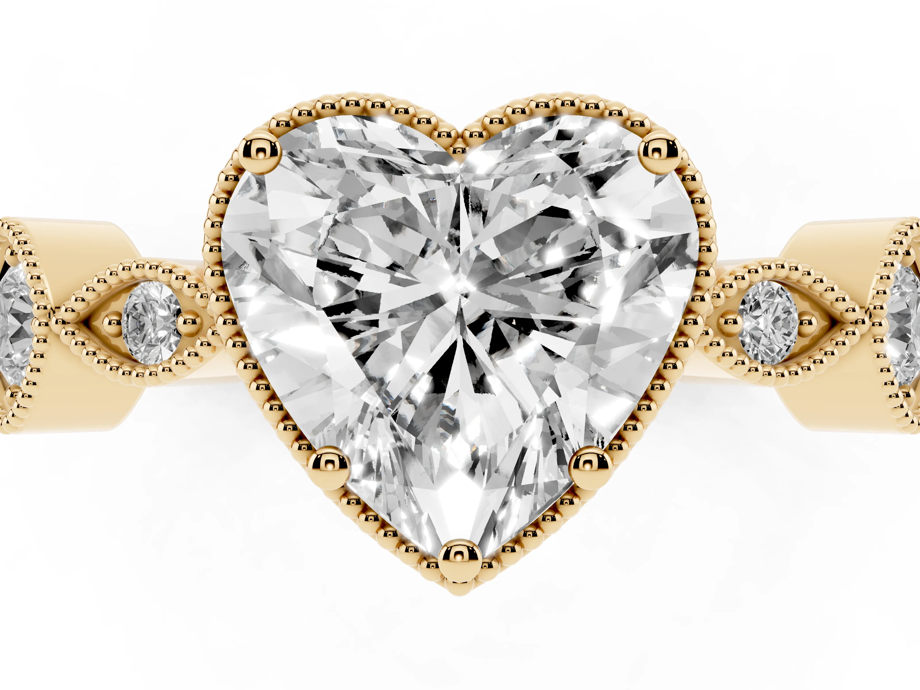 Heart Cut Diamond Vintage-Inspired Milgrain Ring Set in Yellow gold with Marquise Stations of Round Accents