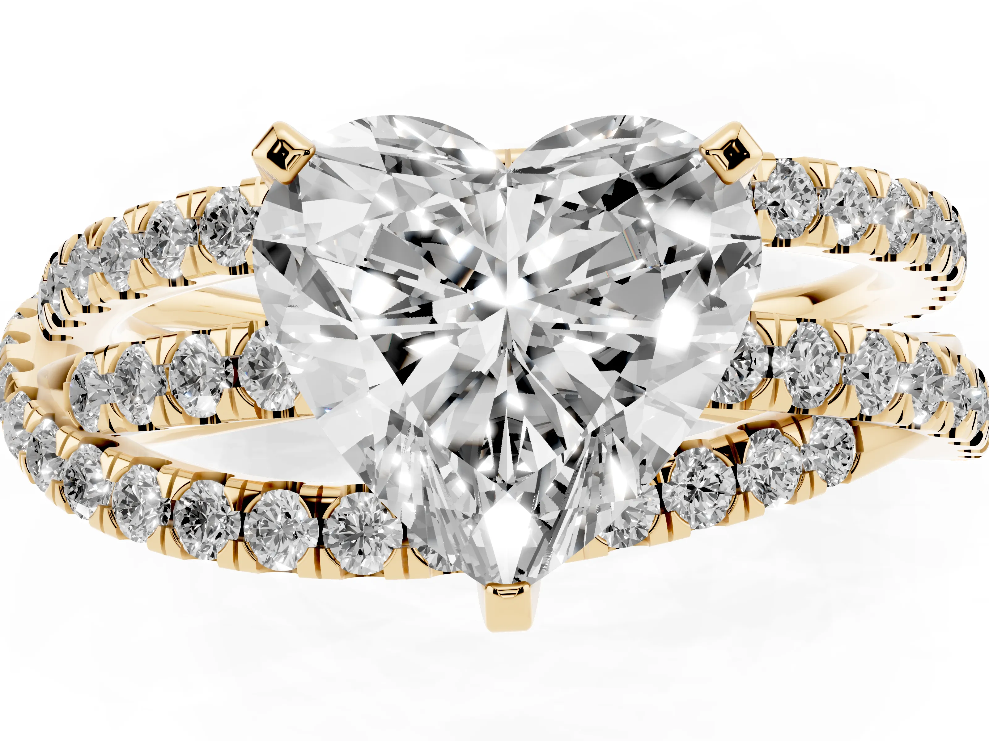 Heart Cut Diamond Solitaire Twist Band Ring Set in Yellow gold with Pavé Setting and Prong Head
