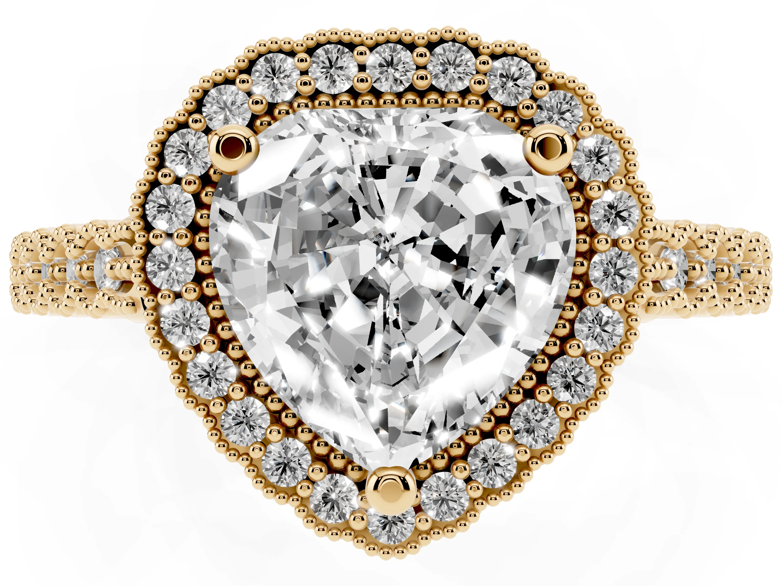 Heart Cut Diamond Halo Ring Set in Yellow gold with Pavé Milgrain Band