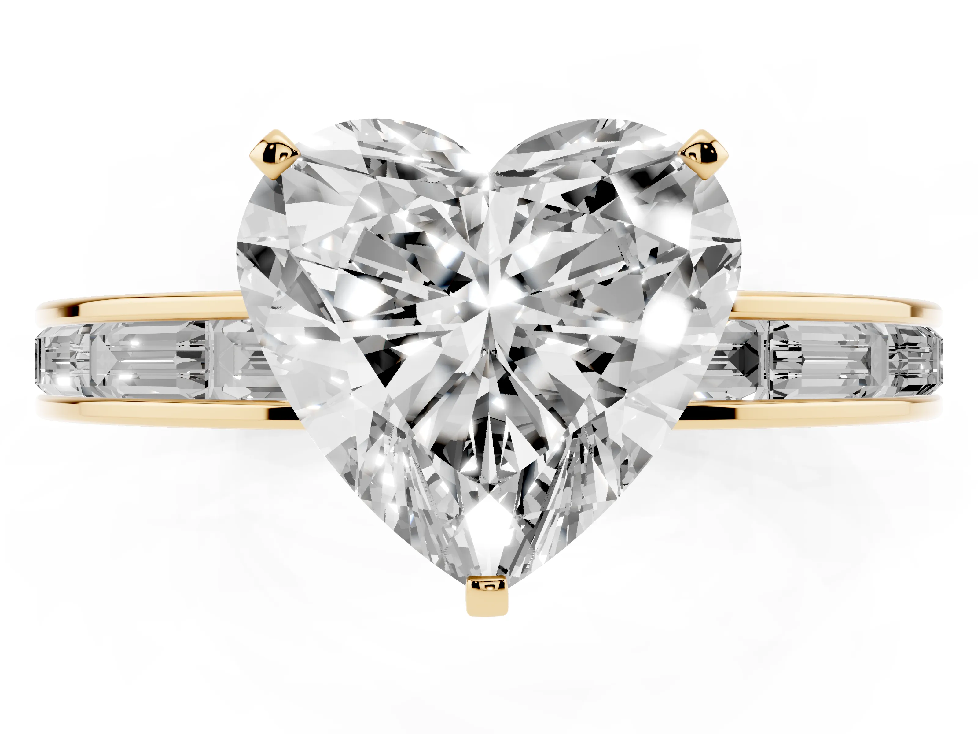 Heart Cut Diamond Solitaire Ring Set in Yellow gold with Channel-Set Baguette Band and Prong Setting