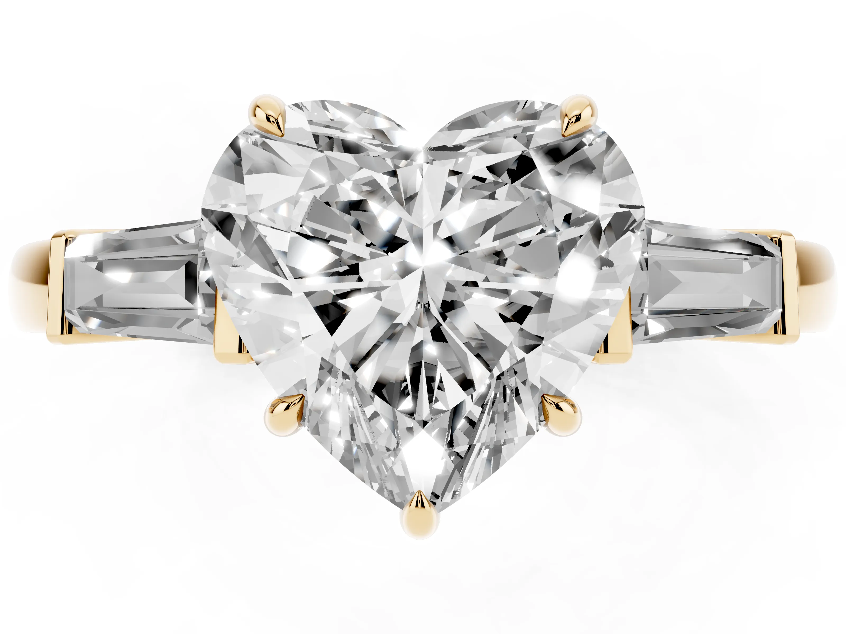 Heart Cut Diamond Three-Stone Ring Set in Yellow gold with Tapered Baguette Side Stones and Prong Setting