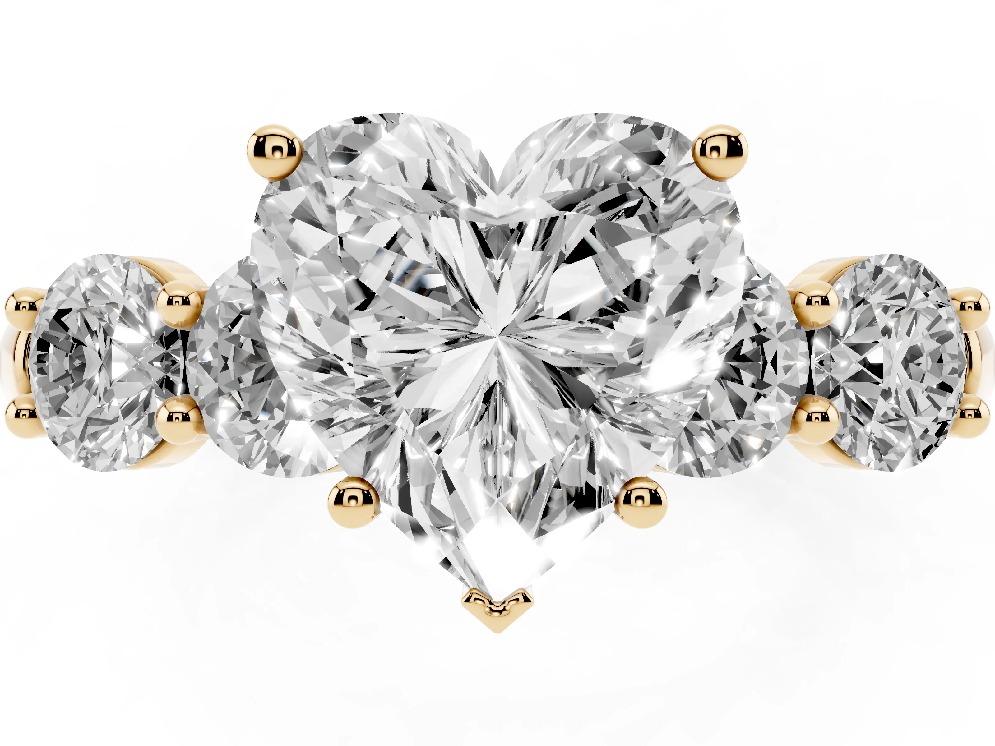 Heart Cut Diamond Five-Stone Prong Set Ring Set in Yellow gold with Classic Band