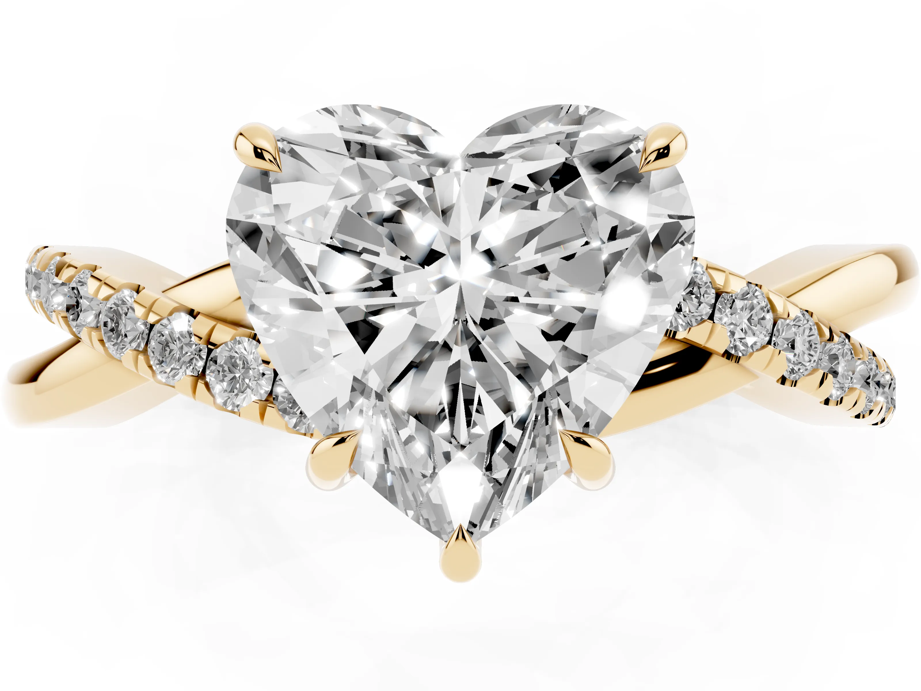 Heart Cut Diamond Twisted Pavé Band Ring Set in Yellow gold with Prong Setting