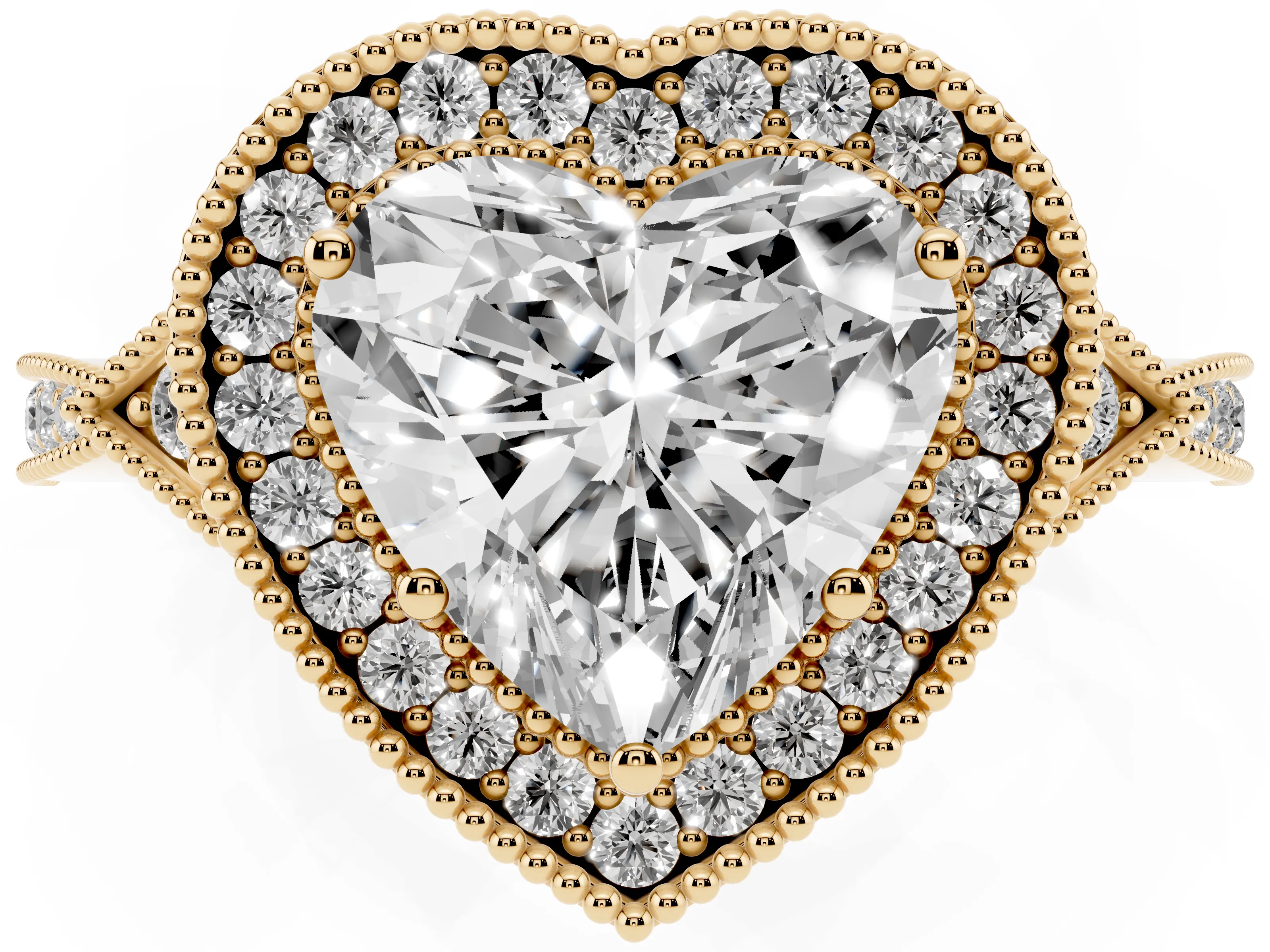 Heart Cut Diamond Halo Engagement Ring Set in Yellow gold with Milgrain Pavé Band