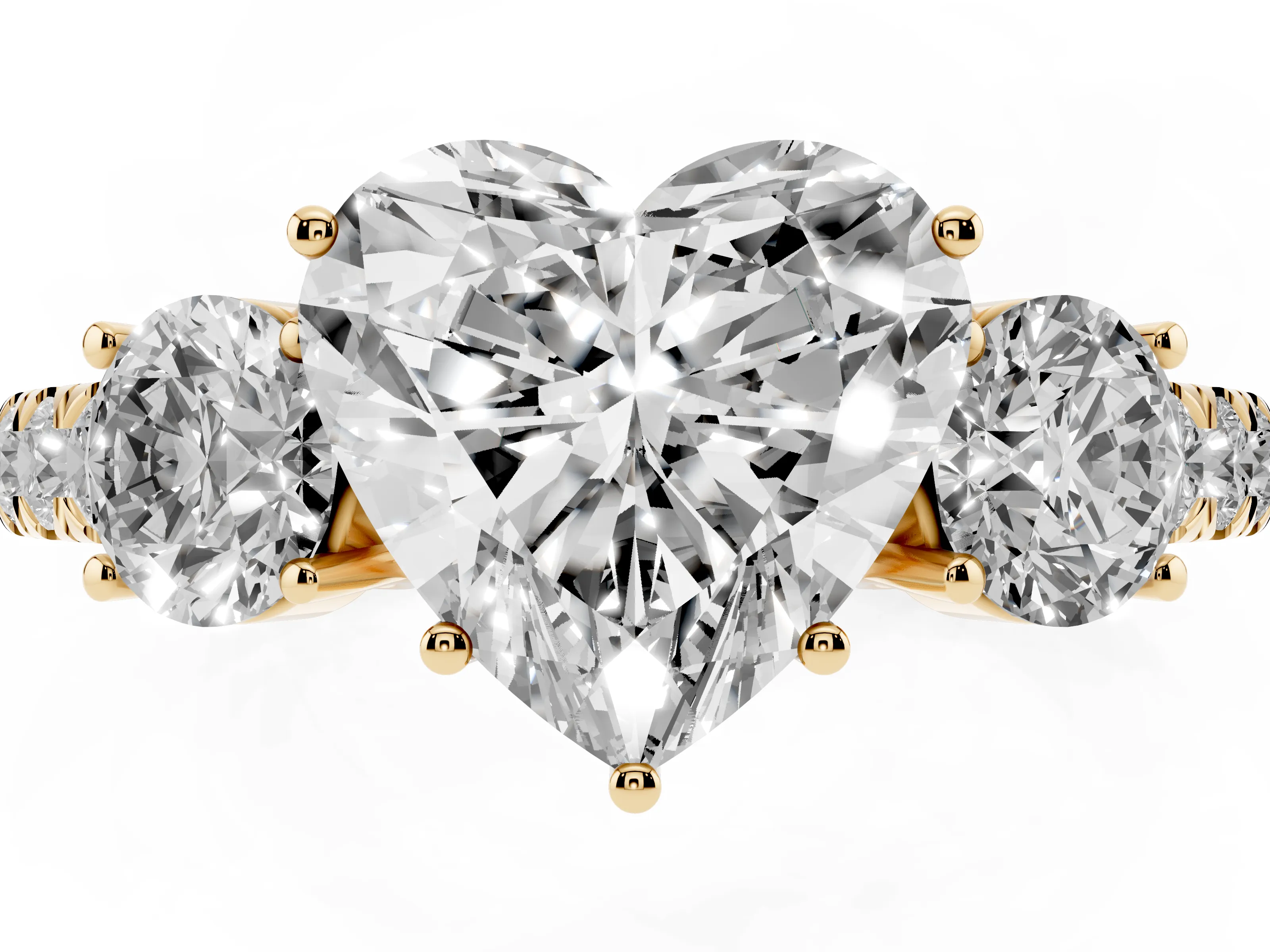 Heart Cut Diamond Three-Stone Ring Set in Yellow gold with Round Side Stones and Delicate Pavé Band