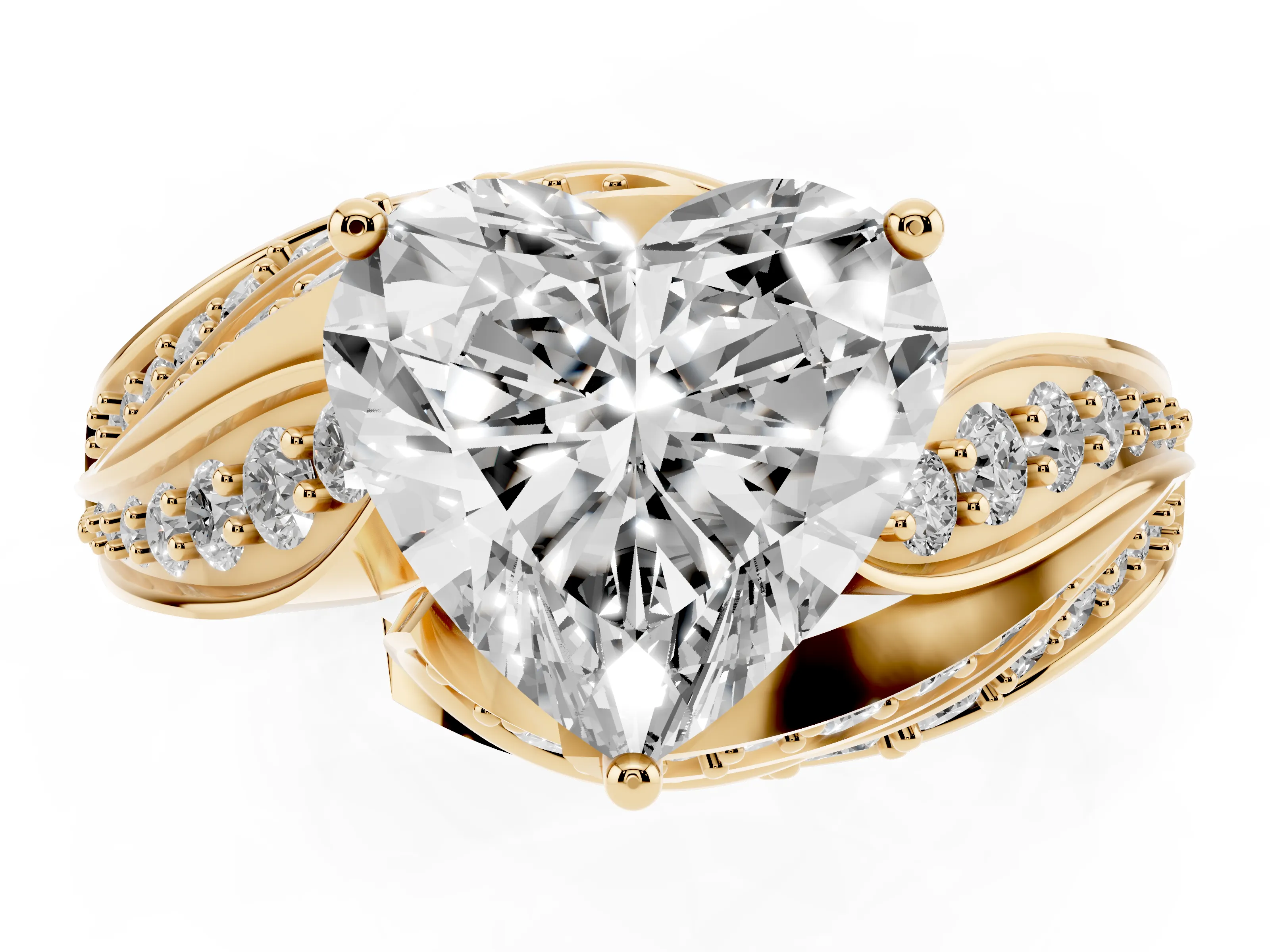 Heart Cut Diamond Solitaire Ring Set in Yellow gold with Layered Twist Pavé Band