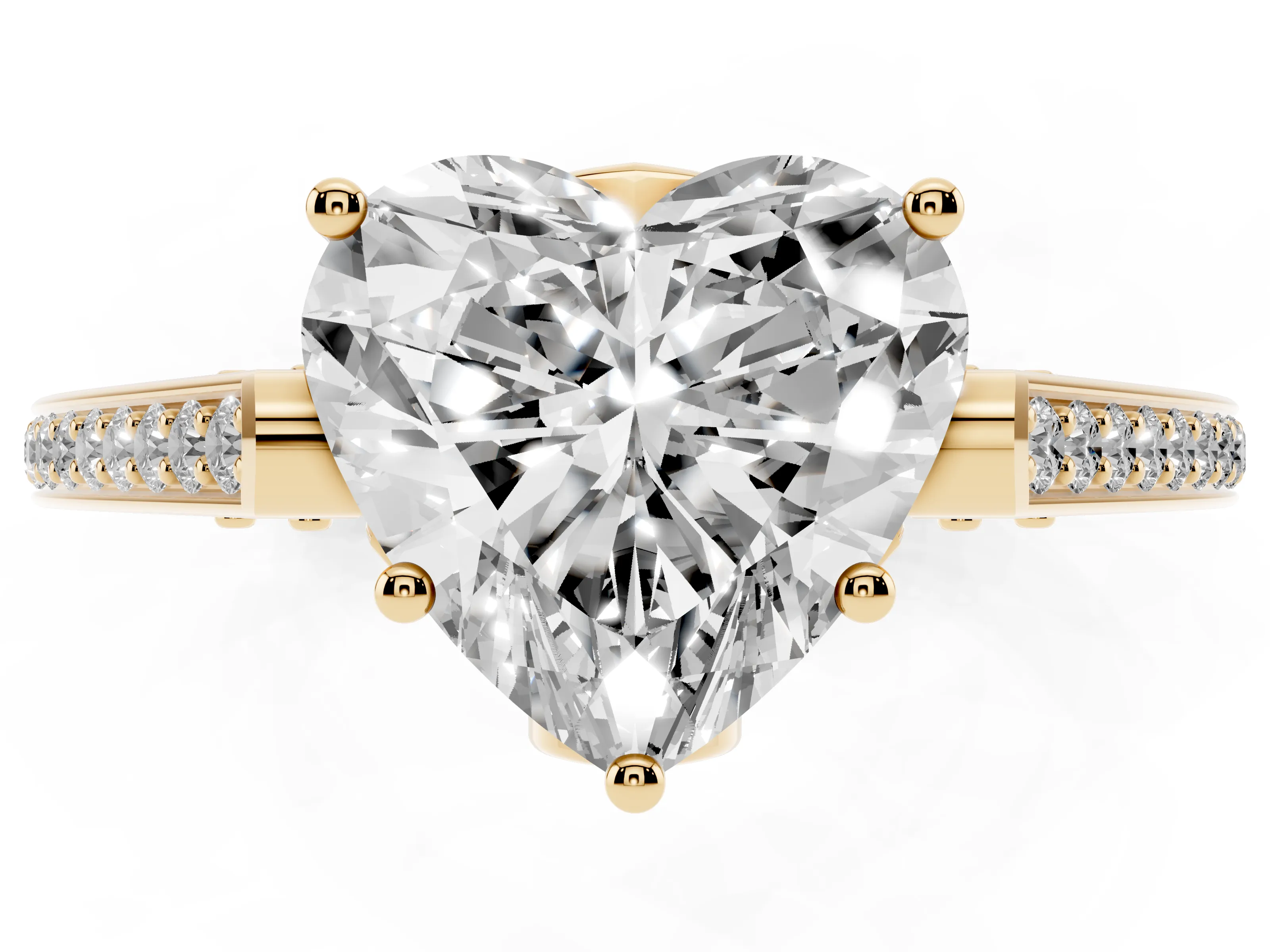 Heart Cut Diamond Cathedral Pavé Engagement Ring Set in Yellow gold with Prong Setting