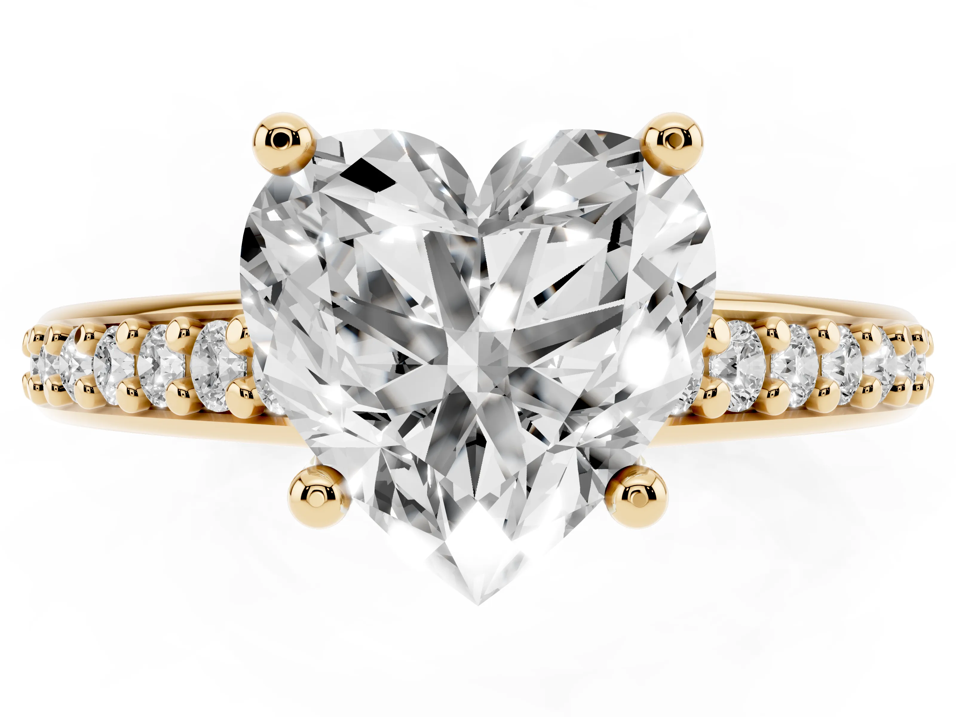 Heart Cut Diamond Prong Set Solitaire Engagement Ring Set in Yellow gold with Pavé Band