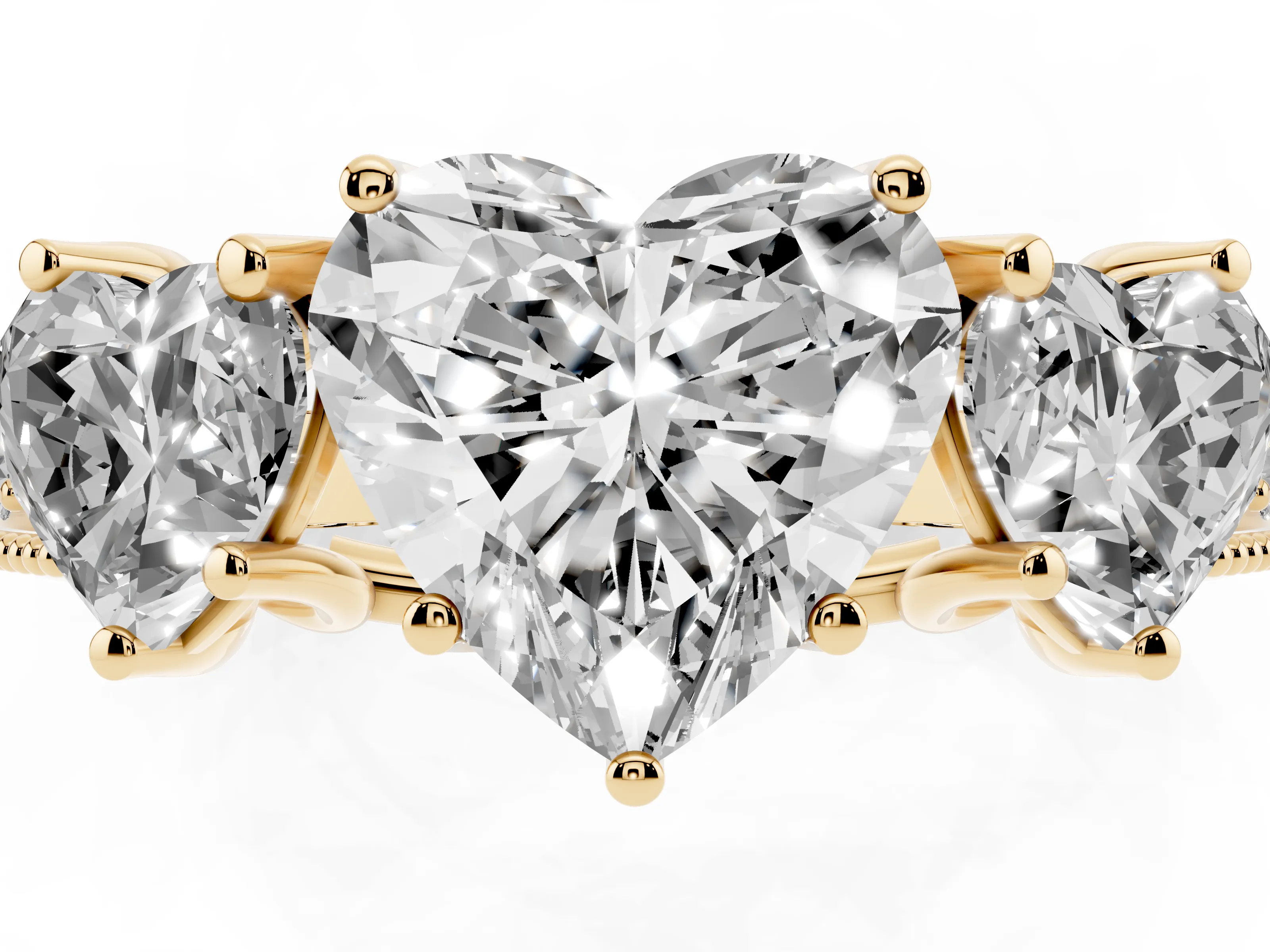 Heart Cut Diamond Three-Stone Engagement Ring Set in Yellow gold with Milgrain Pavé Band