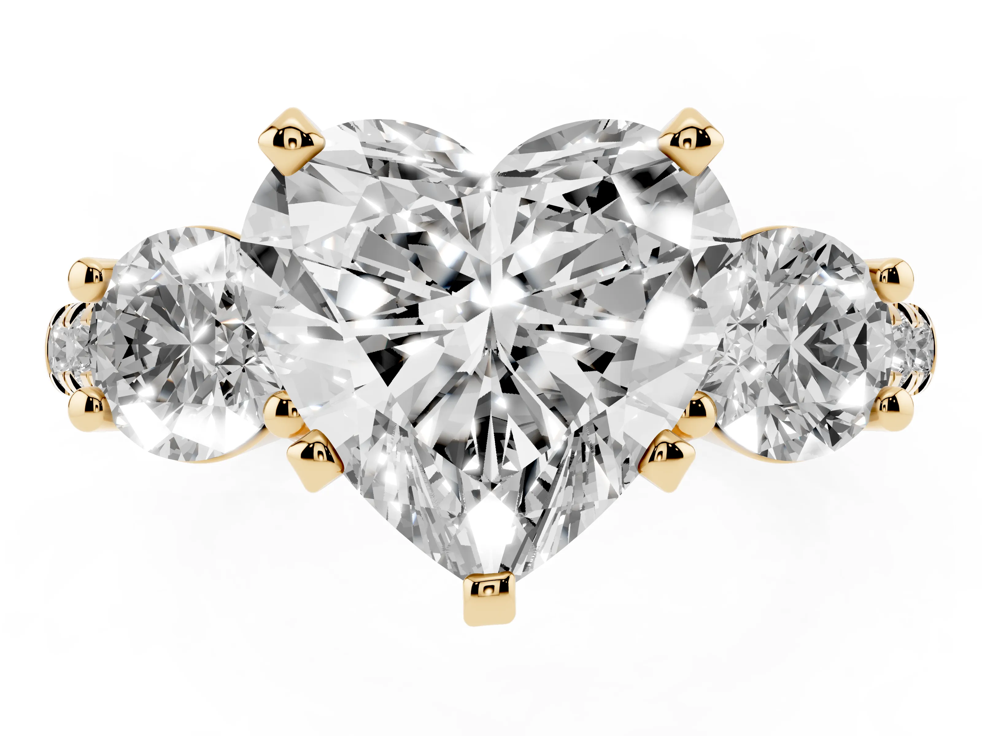 Three-Stone Heart Cut Diamond Pavé Band Ring Set in Yellow gold with Prong-Set Trio