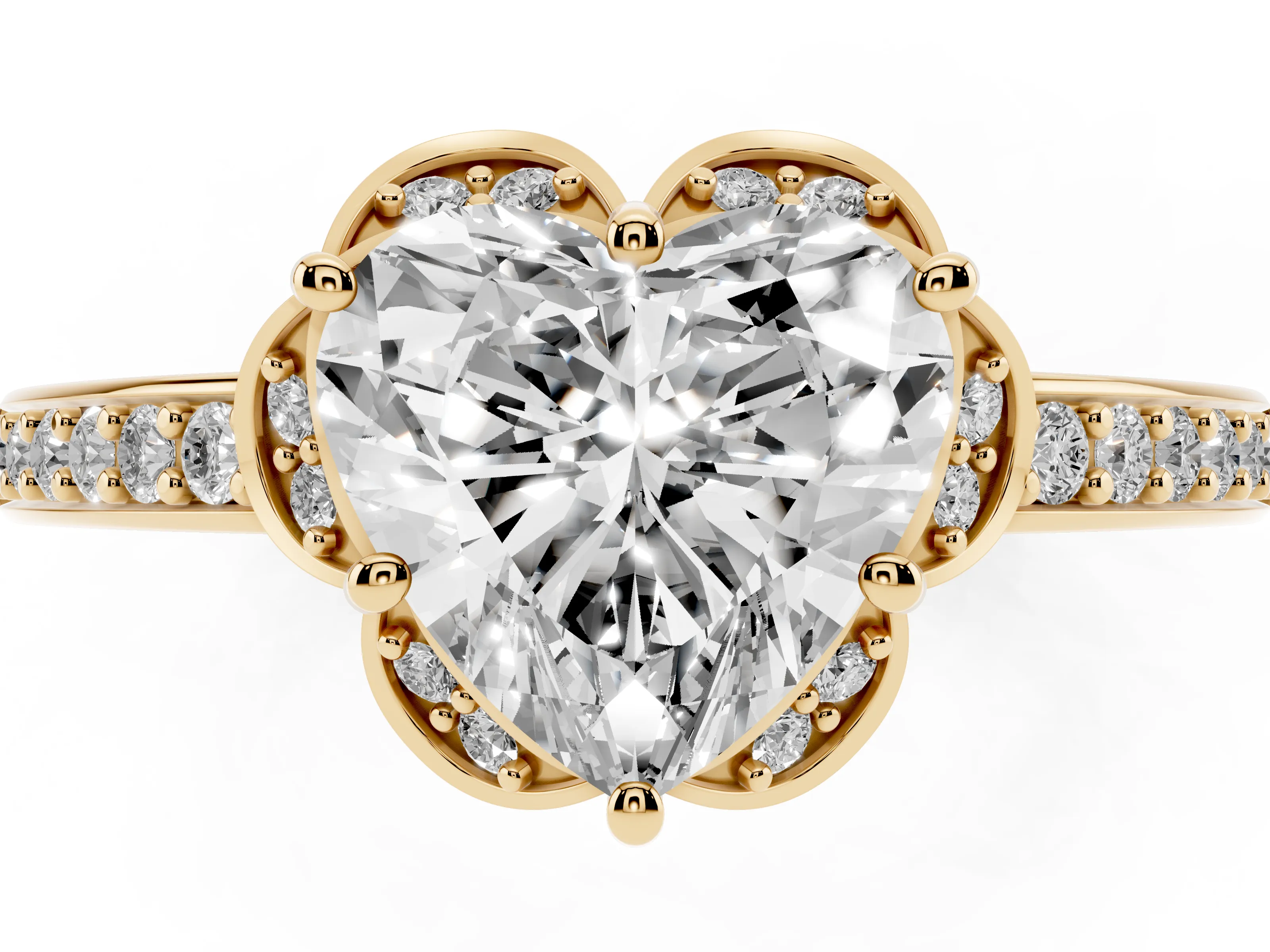 Heart Cut Diamond Halo Ring Set in Yellow gold with Channel Set Band and Prong Setting