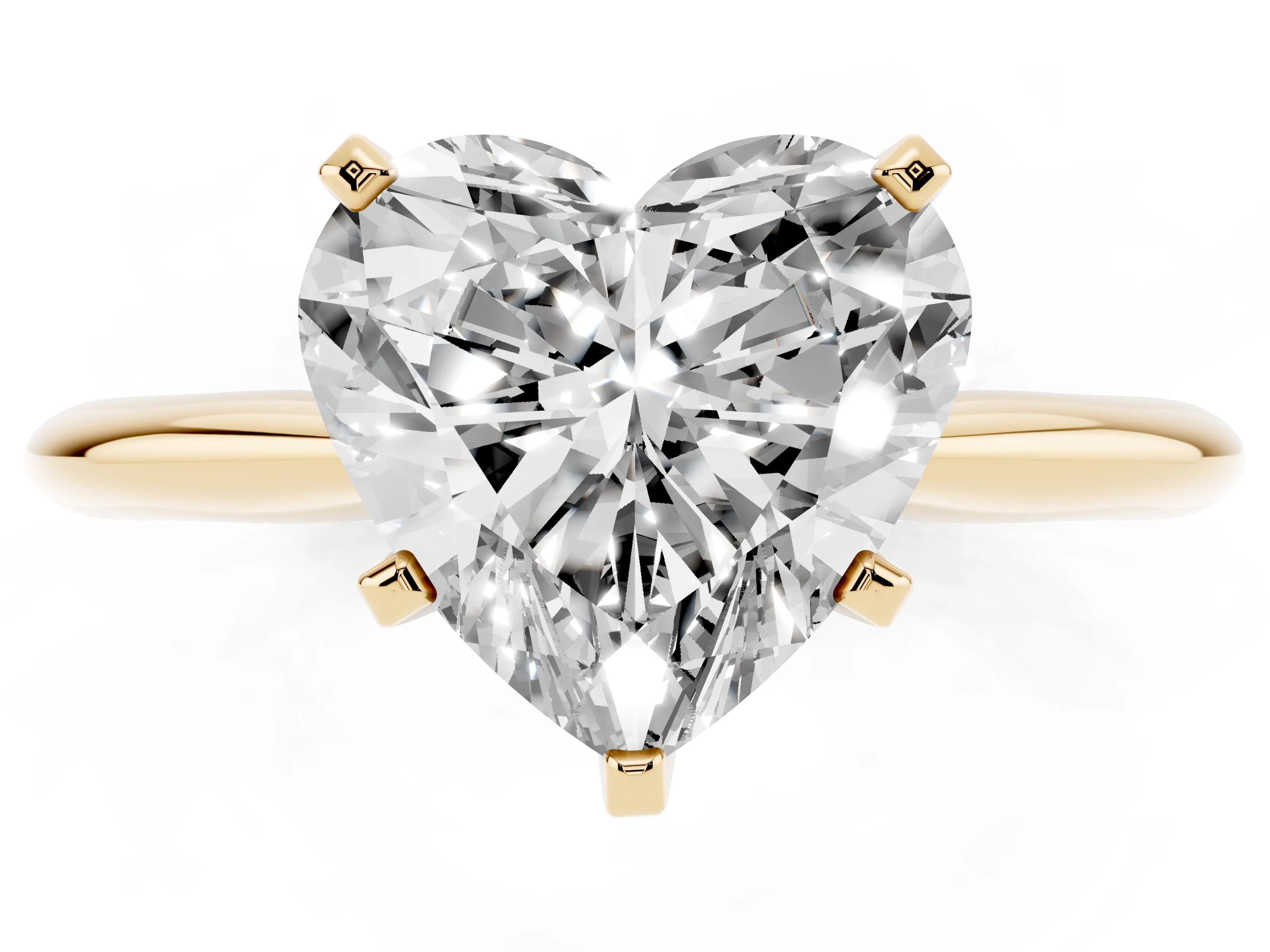 Heart Cut Diamond Solitaire Ring Set in Yellow gold with Prong Setting on a Plain Round Band