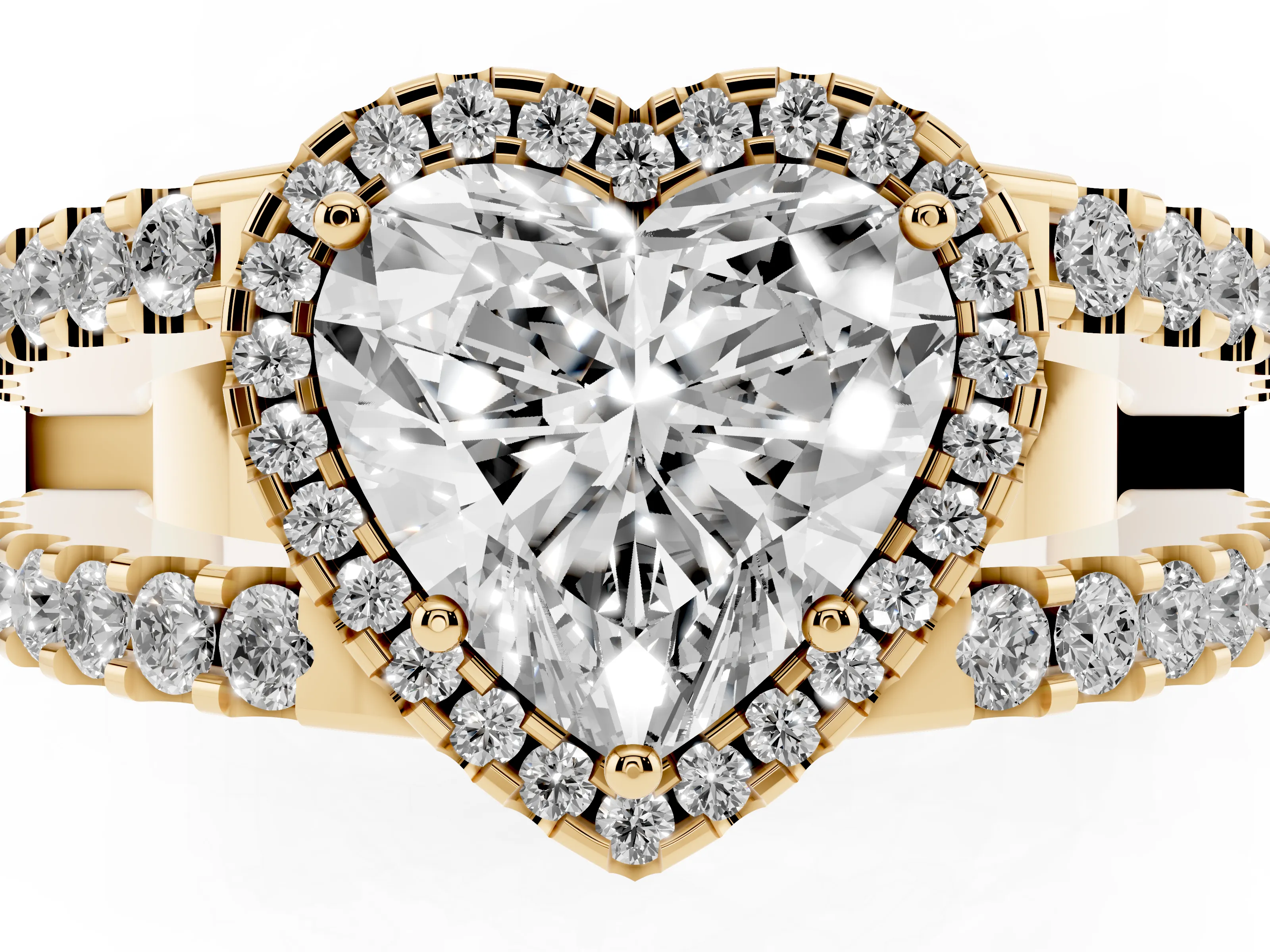 Heart Cut Diamond Halo Ring Set in Yellow gold with Pavé Split Shank and Prong Setting