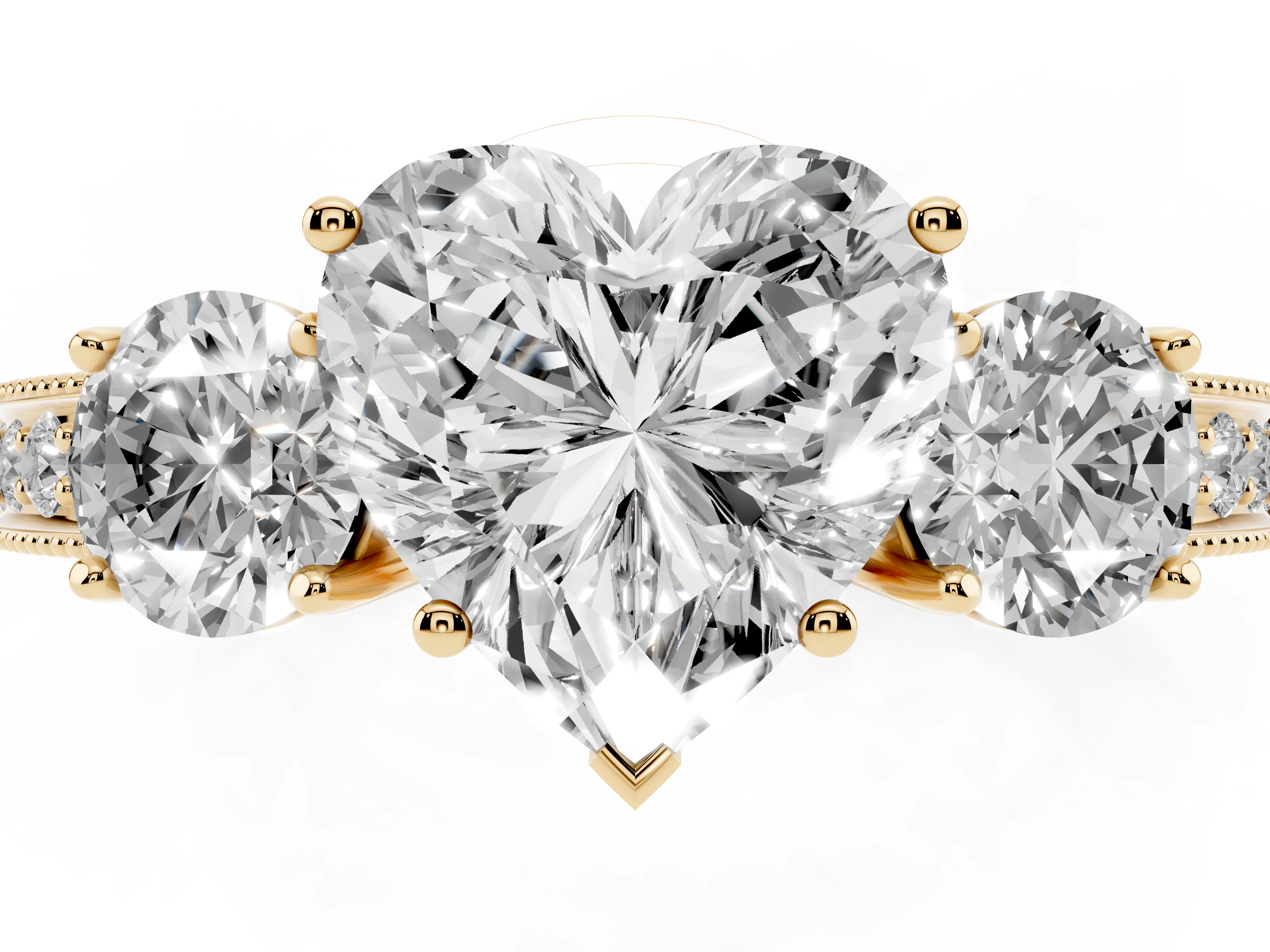 Heart Cut Diamond Three-Stone Ring Set in Yellow gold with Round Side Stones and Pavé Band