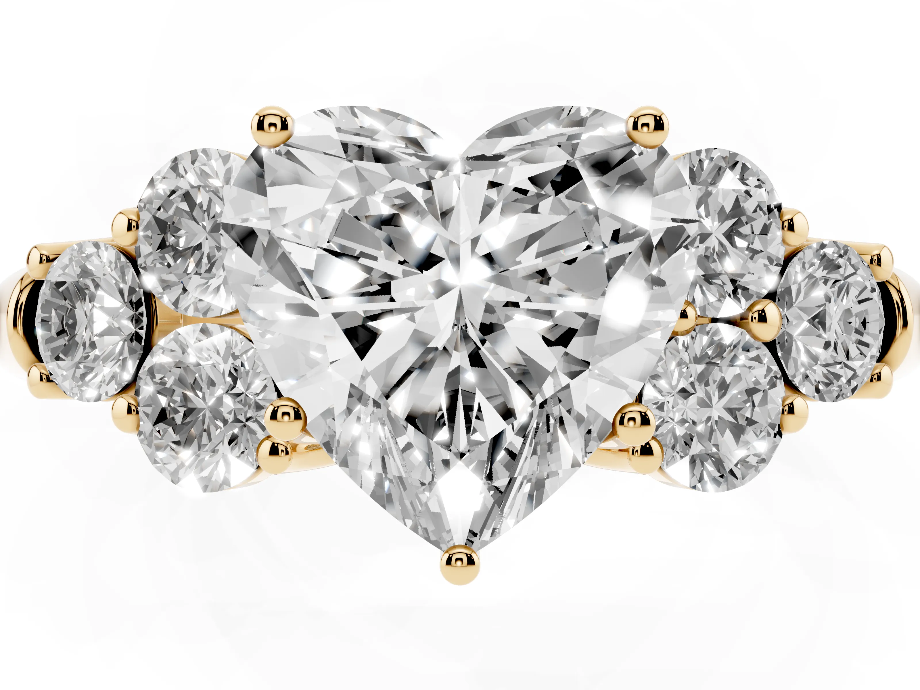 Heart Cut Diamond Cluster Ring Set in Yellow gold with Round Accent Stones and Prong Setting on a Plain Band
