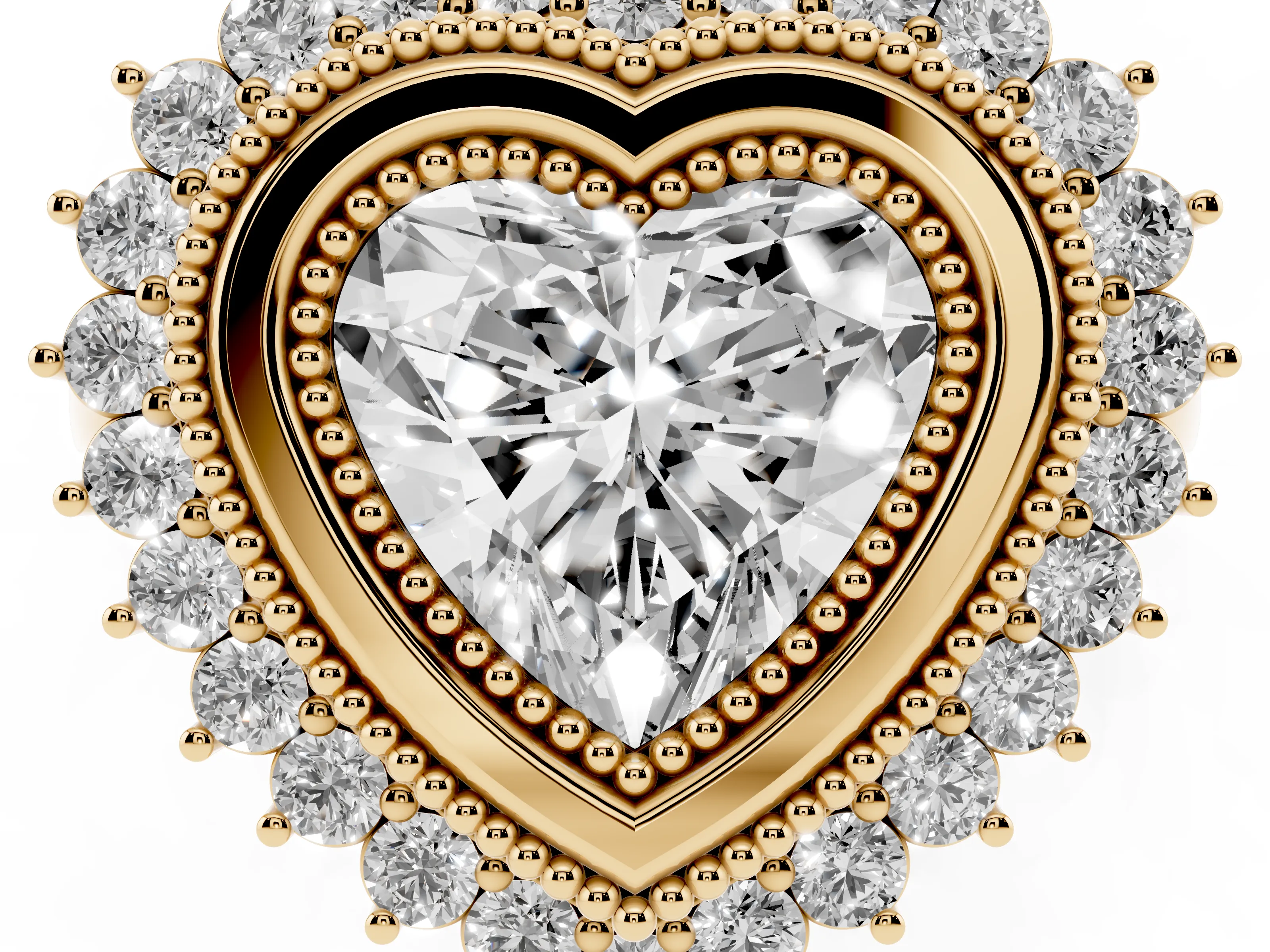 Heart Cut Diamond Halo Ring Set in Yellow gold with Milgrain Edge and Round Prong Setting