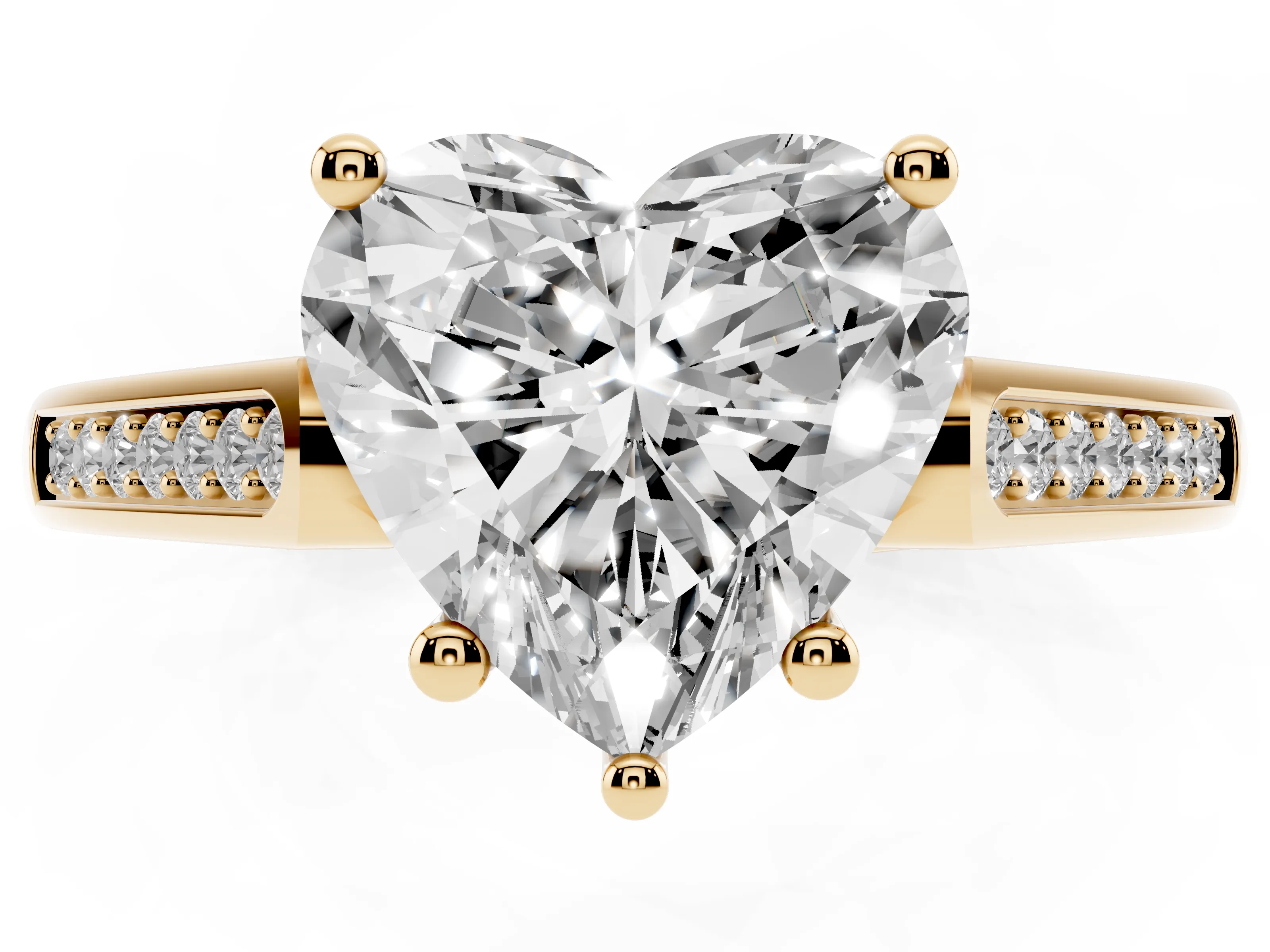 Heart Cut Diamond Solitaire Cathedral Engagement Ring Set in Yellow gold with Channel-Set Band and Prong Setting