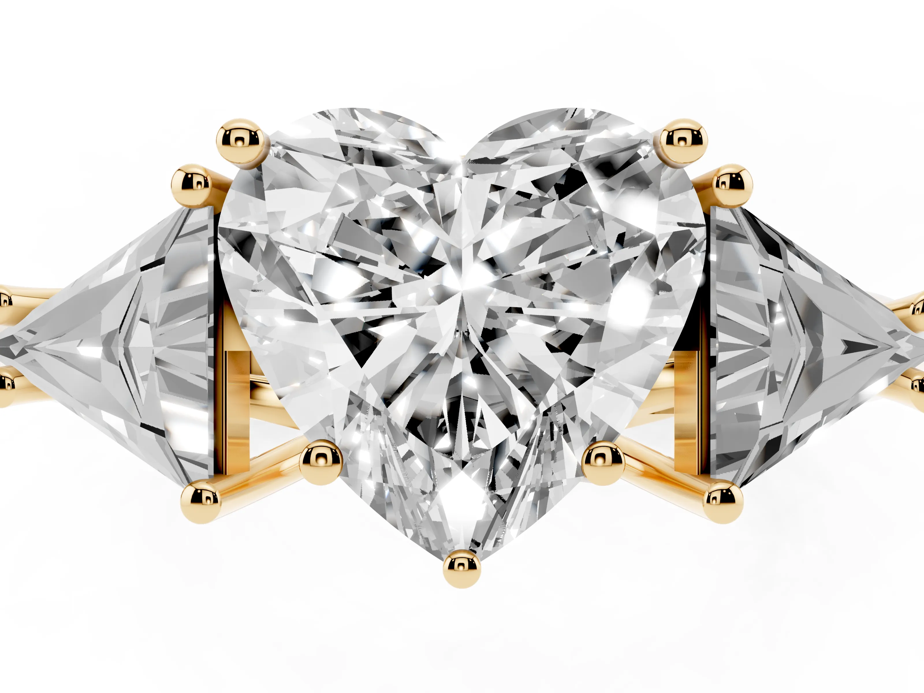 Heart Cut Diamond Three-Stone Engagement Ring Set in Yellow gold with Trillion Side Stones